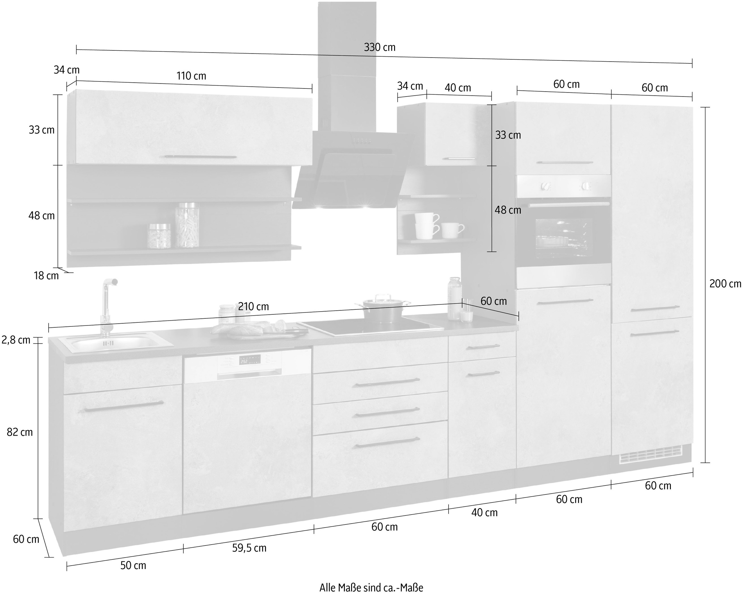 KOCHSTATION Küchenzeile »KS-Tulsa«, ohne E-Geräte, Breite 330 cm, schwarze Metallgriffe, MDF Fronten