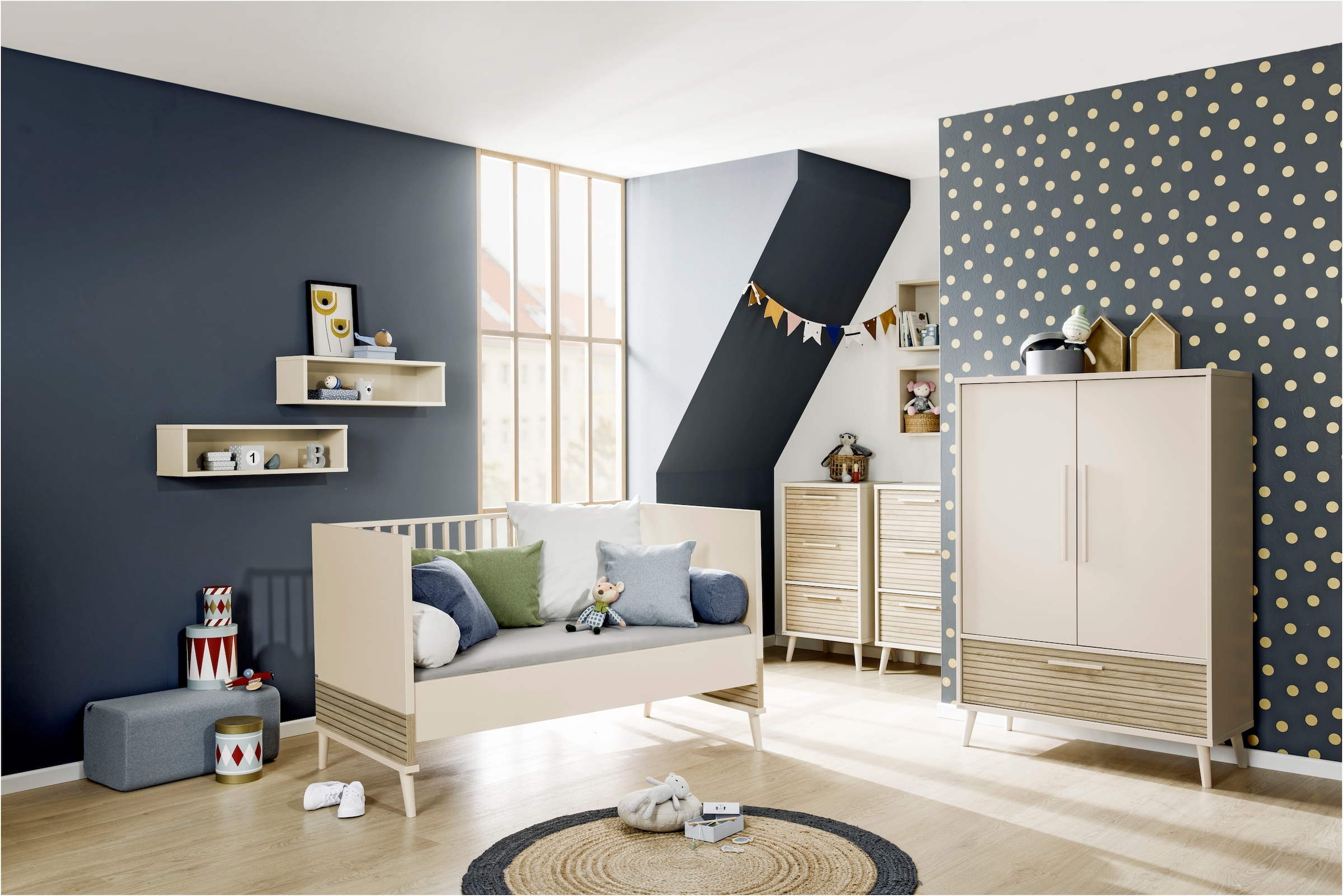 PAIDI Highboard »EEFJE, Regal in modernem Design, Cashmere-Beige mit Groovy-Oak«, (B/H/T ca. 48x93x41cm), Schubladen in unterschiedlichem Design wählbar