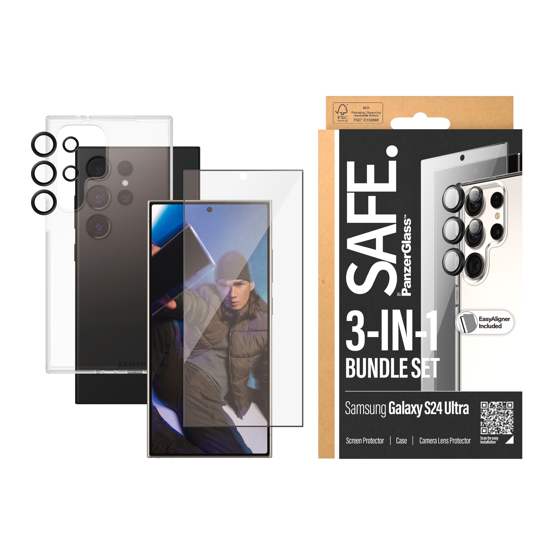 SAFE by PanzerGlass Displayschutzglas »3-in-1 Bundle Set Screen Protector, Case und Camera Lens Protector«, für Samsung Galaxy S24 Ultra, Displayschutzfolie, Backcover, Lens Cover, Rundumschutz