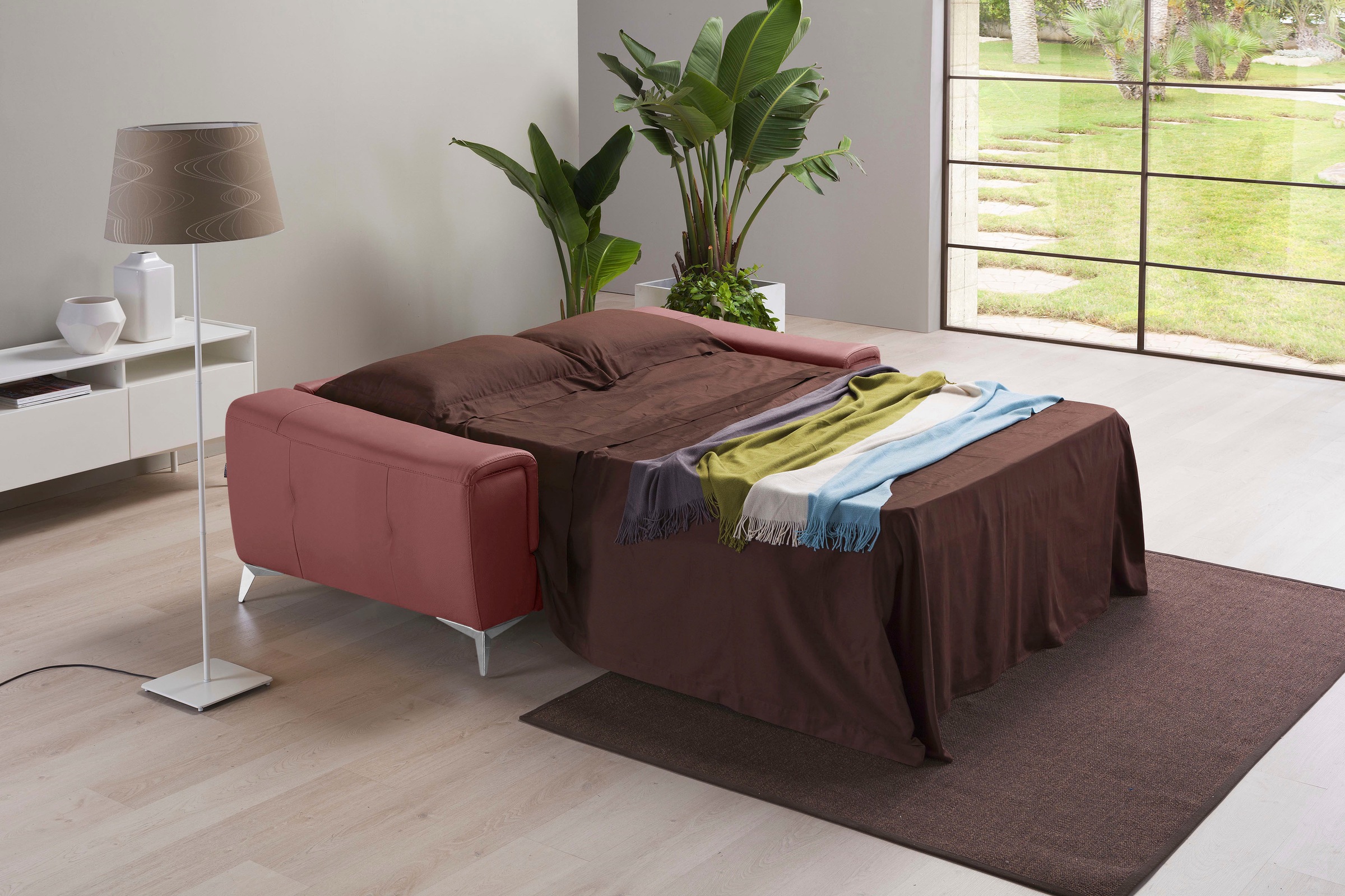 Egoitaliano Schlafsofa »Francine Designsofa, Loungesofa mit Dauerschlaffunktion, Breite 233 cm«, mit Bettfunktion, Leder BULL, rosebraun, Fußfarbe chrom