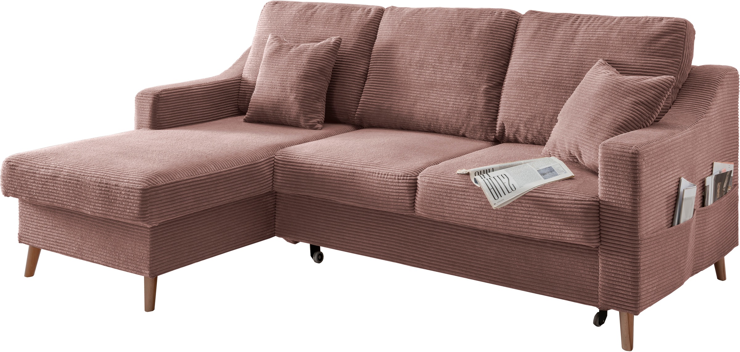 INOSIGN Ecksofa »Valentina L-Form«, 2 Zierkissen, mit Seitentasche, ausziehbarer Liegefläche, Bettkasten