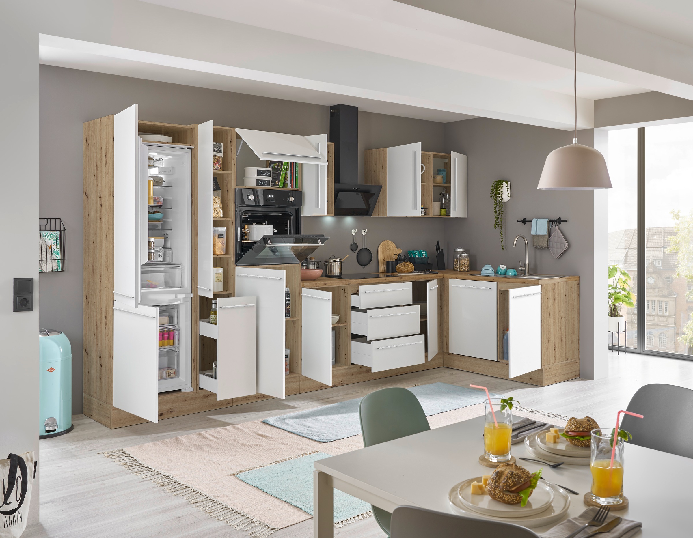 KOCHSTATION Winkelküche »Florida, Stellbreite 370x175 cm«, wahlweise mit E-Geräten, mit Softclose für Türen und Schubkästen