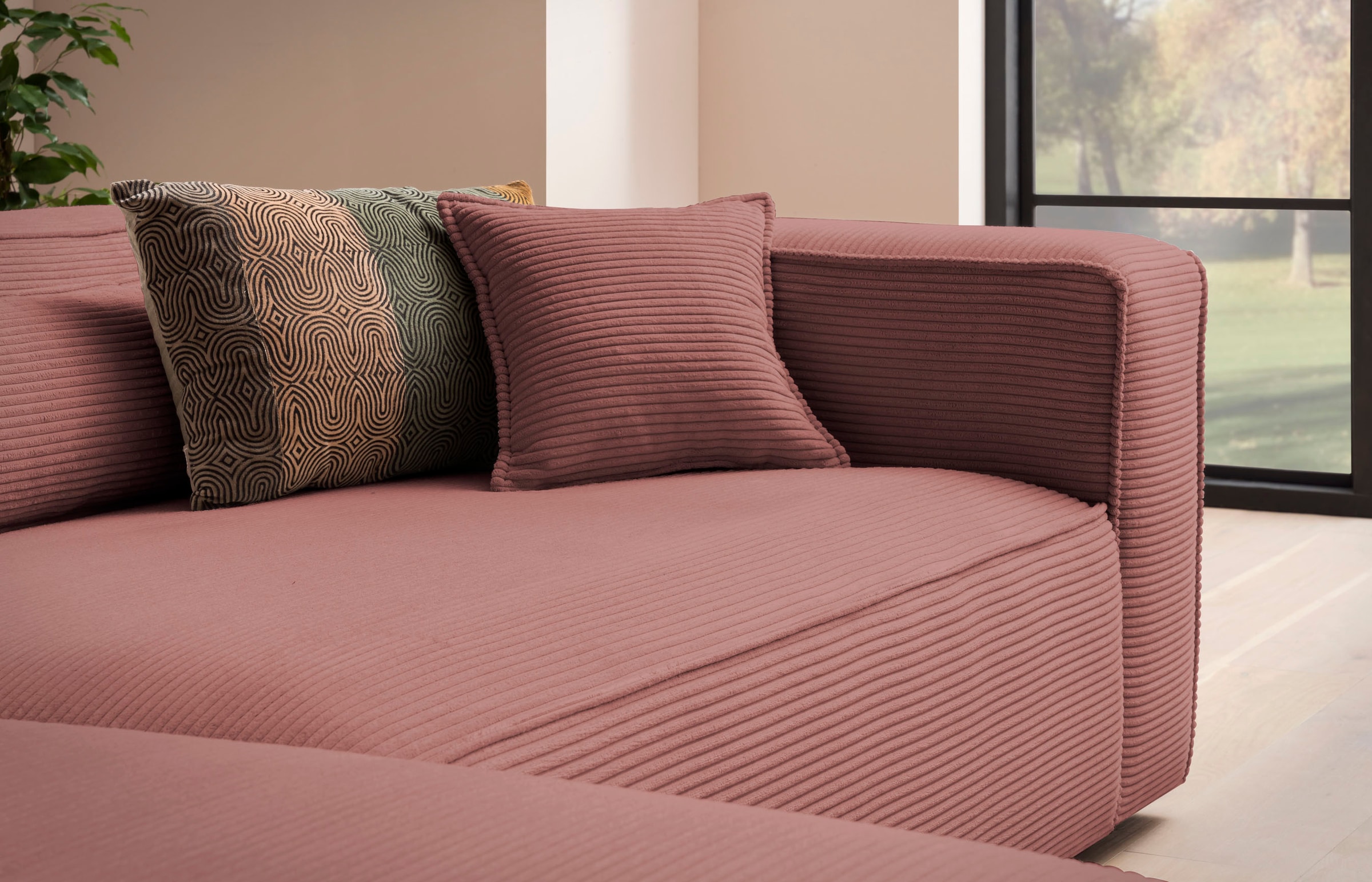 LeGer Home by Lena Gercke Ecksofa »PIARA XXL, Big-Sofa in Cord oder Leinenoptik, L-Form, mit Kedernaht«, wahlweise Ottomane rechts/links, schwarze Füße, extra tiefe Sitzfläche