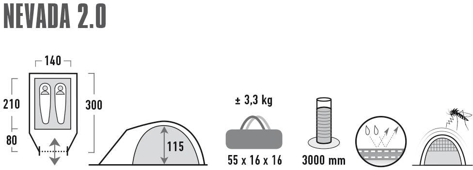 High Peak Kuppelzelt »Zelt Nevada 2.0«, 2 Personen, (mit Transporttasche)