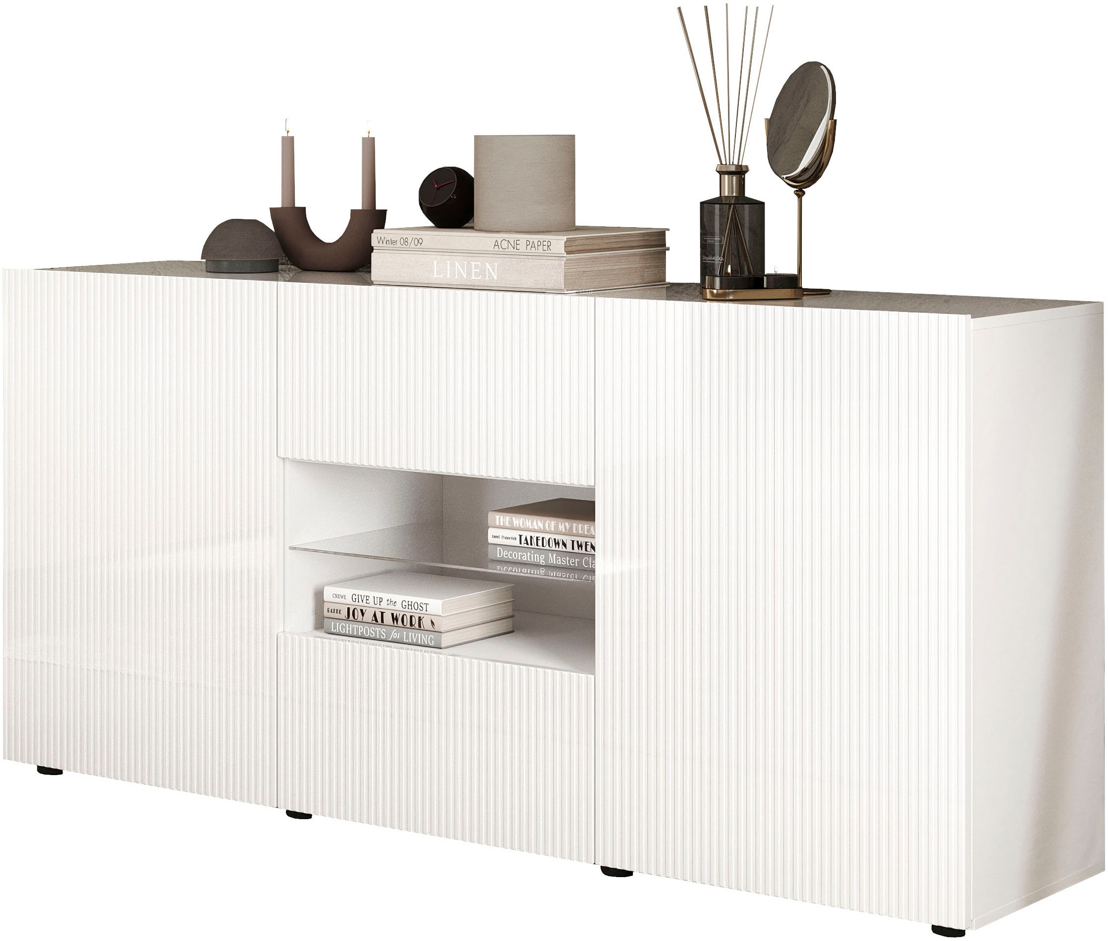 INOSIGN Sideboard »Rio Breite 181 cm, Kommode mit 2 Türen u. 2 Schubkästen,«, geriffelte MDF-Fronten, modern u. elegant, viel Stauraum