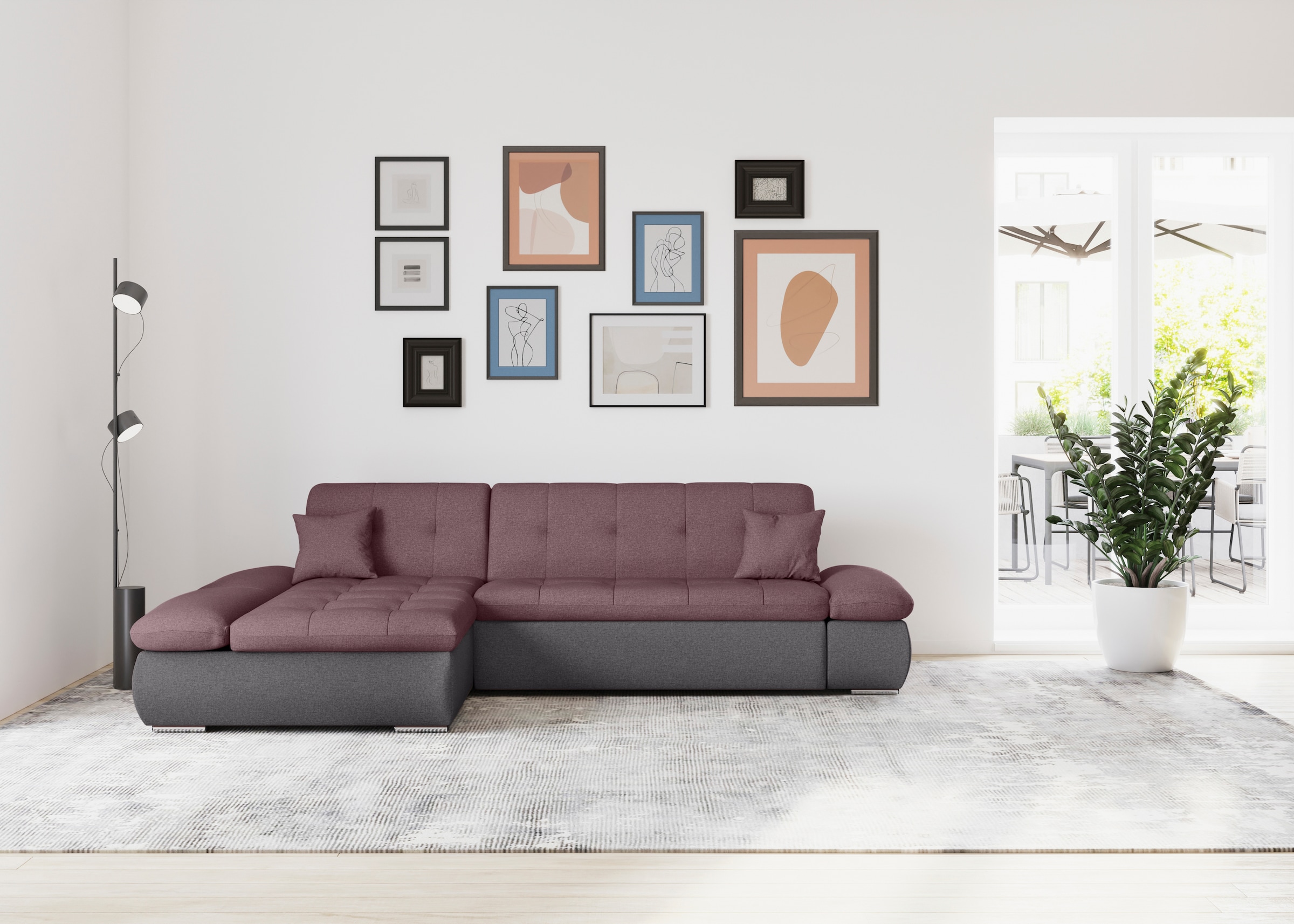 DOMO collection Ecksofa »Moric, L-Form, XXL-Sofa - Breite 300cm«, wahlweise mit Bettfunktion und Armteilverstellung, grau-beere
