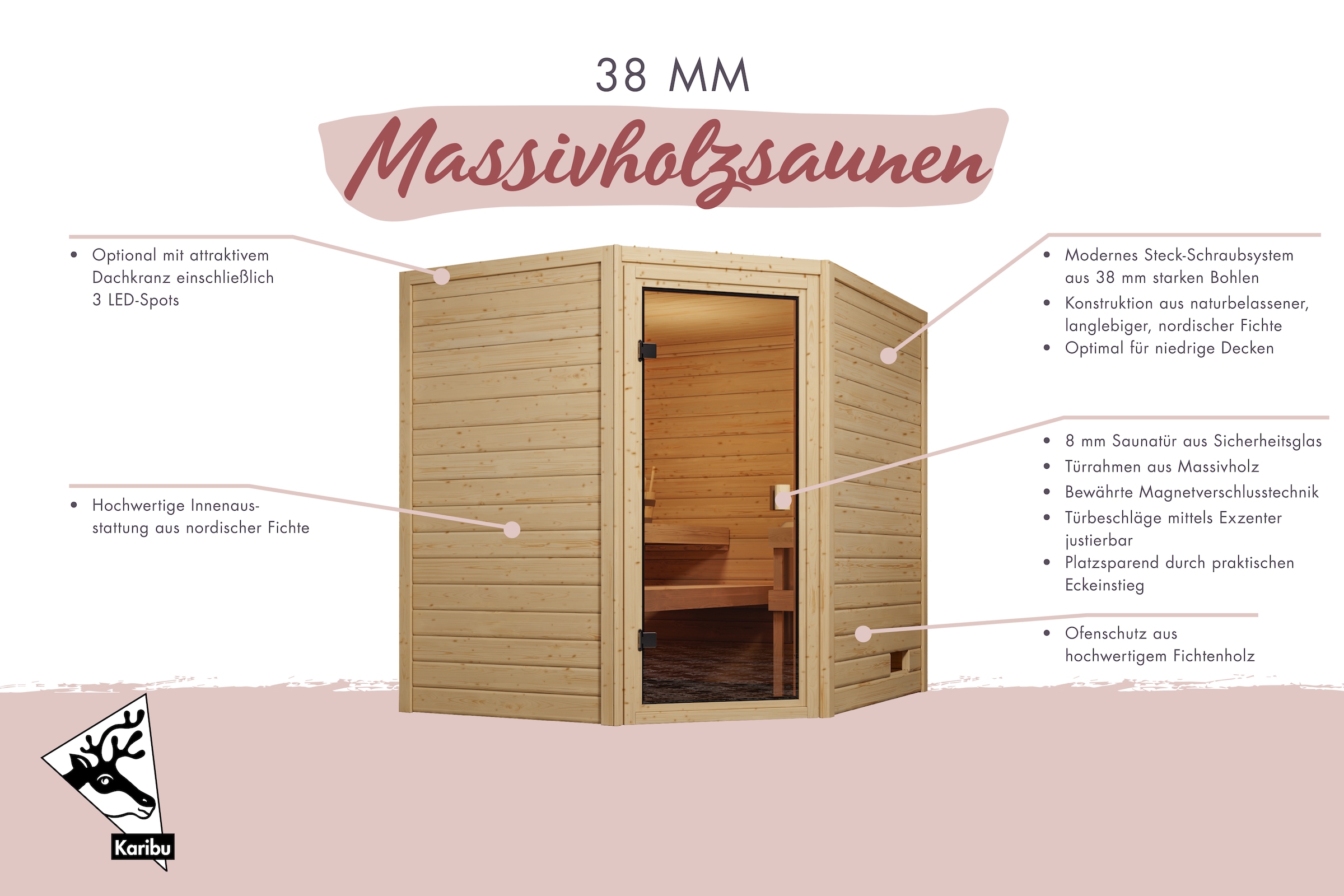 Karibu Sauna »"Trixi" mit bronzierter Tür und Kranz, naturbelassen« aus hochwertiger nordischer Fichte