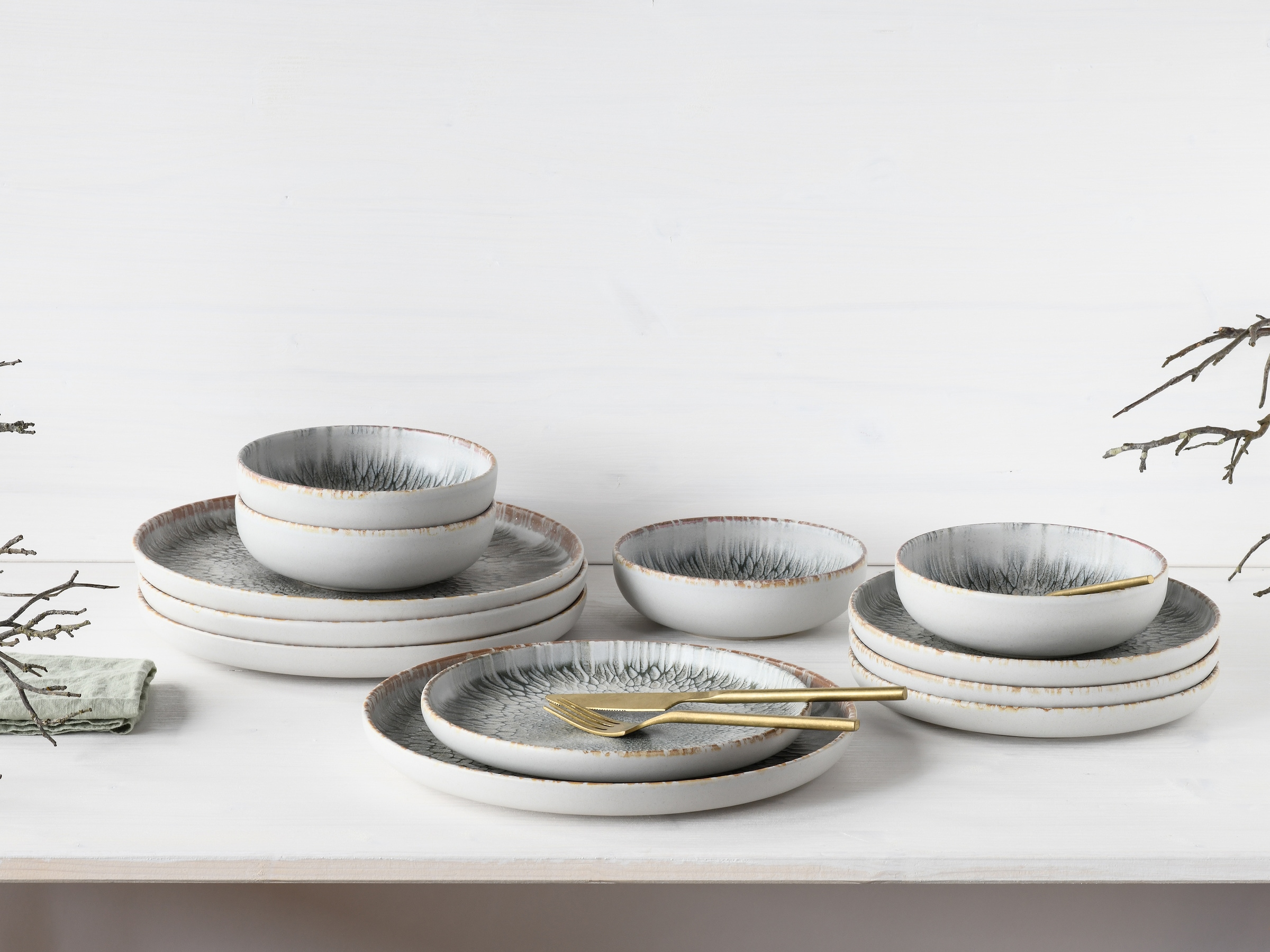 CreaTable Teller-Set »Uno Volcano, Teller Set 12-tlg« Reaktivglasur, Vintage Style