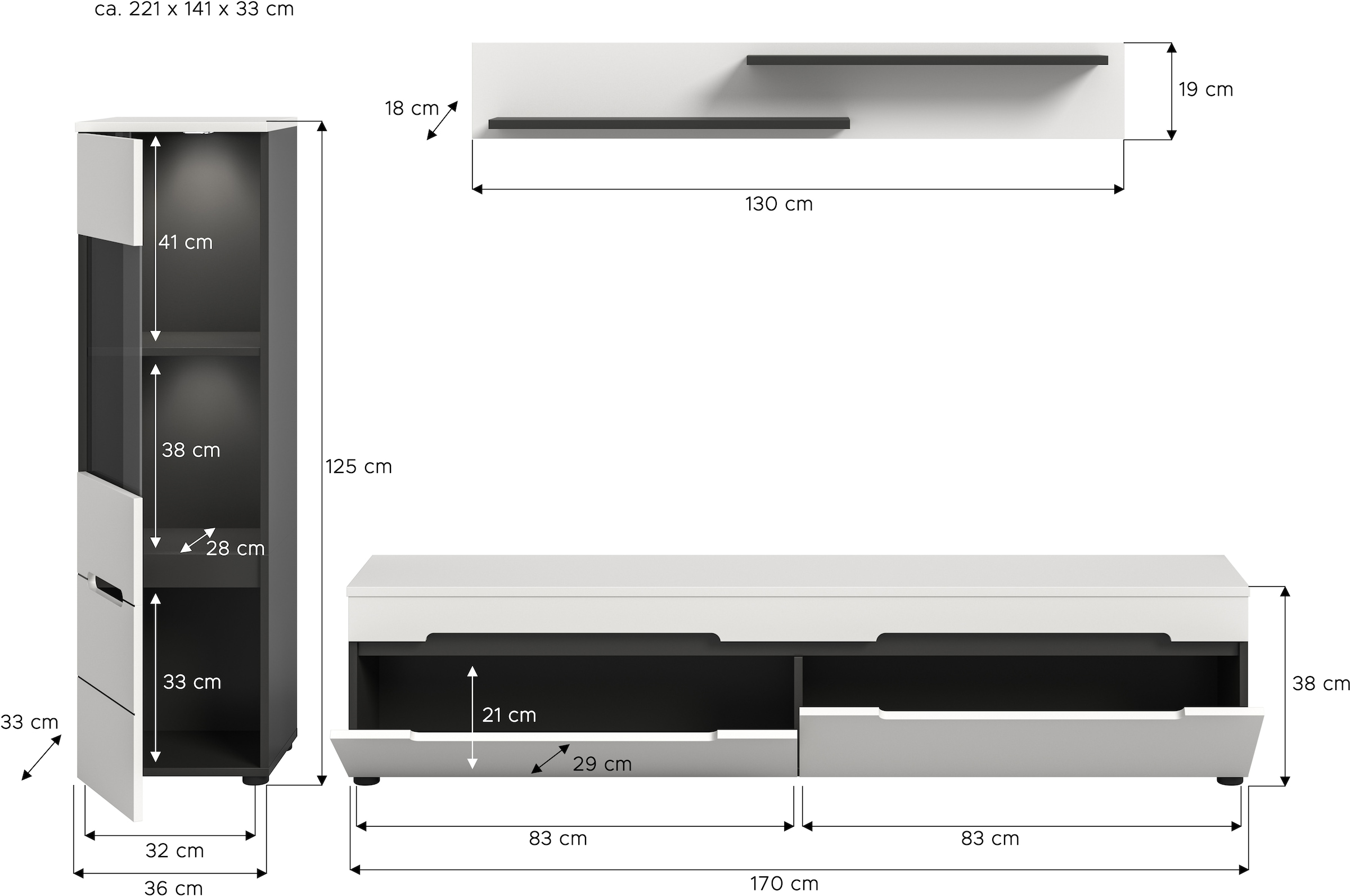 INOSIGN Wohnwand »REHAT, TOPSELLER!, 3-teilig, inkl. Beleuchtung, stehend oder hängend« Set bestehend aus: Vitrine inkl. Beleuchtung, Lowboard und Wandboard, 3 Stk. tlg.