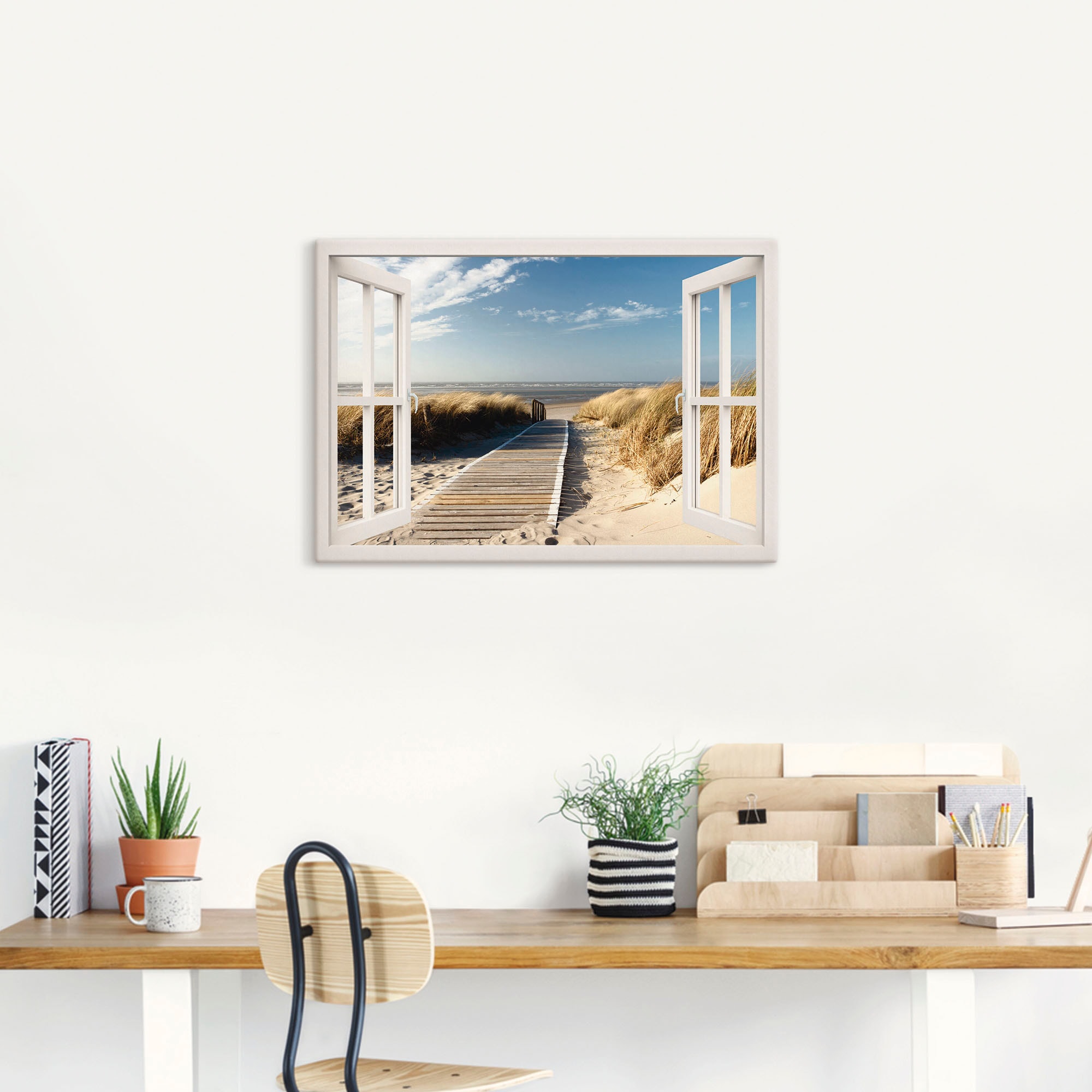 Artland Wandbild »Fensterblick Nordseestrand auf Langeoog«, Fensterblick, (1 St.), als Leinwandbild, Poster, Wandaufkleber in verschied. Größen