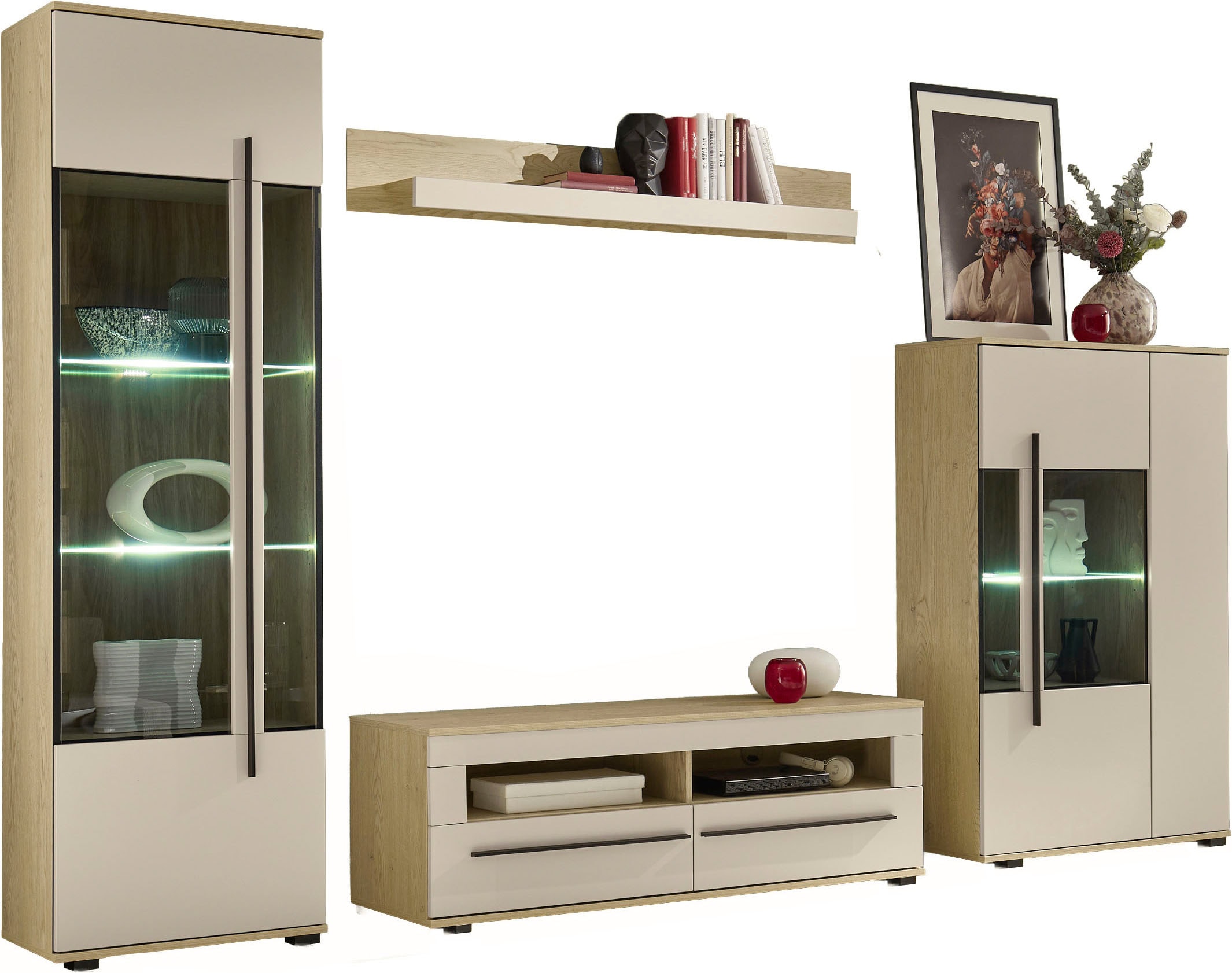 Home affaire Wohnwand »Cantara, Anbauwand, Wohnzimmer-Set, in Eiche Evoke, Weiß oder Kaschmir« Set, 