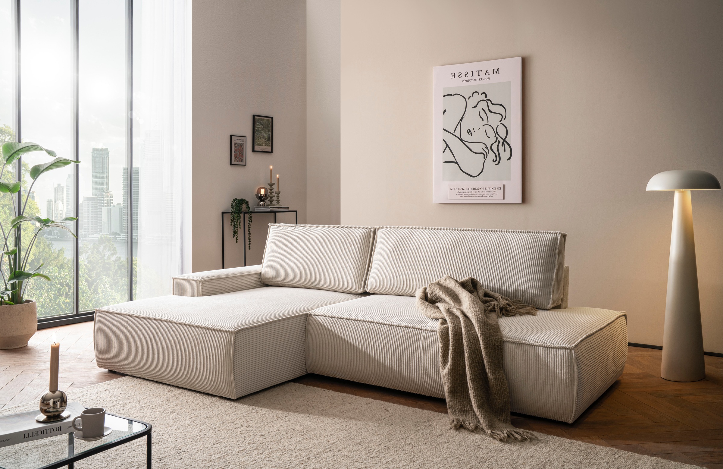 Home affaire Ecksofa »SHERWOOD, Schlafsofa in L-Form offen (275cm), Cord, Leinenoptik«, Schlaffunktion und Bettkasten, Kedernaht, hoher Sitz- & Liegekomfort
