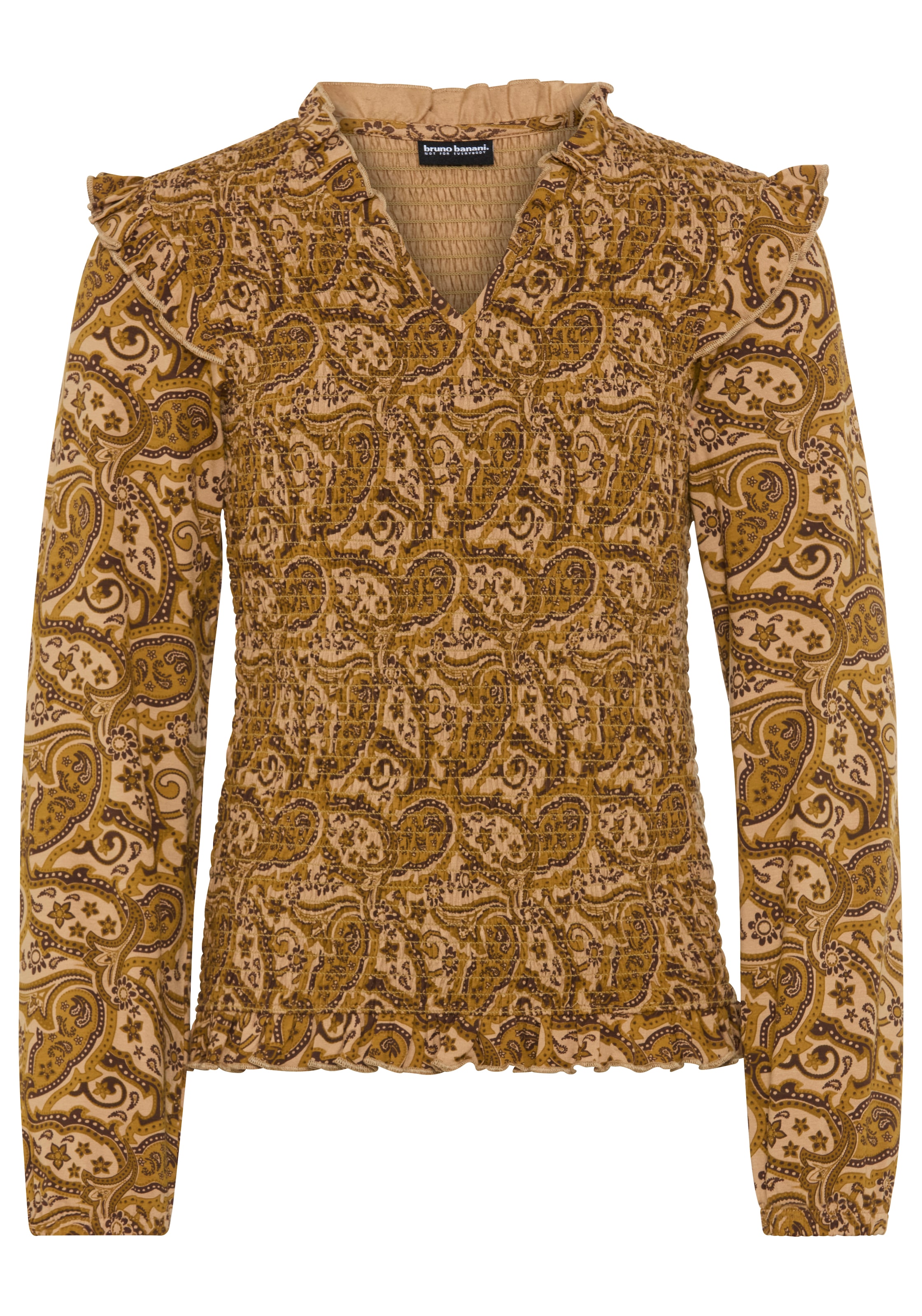 Bruno Banani Langarmshirt »Viskose-Shirt im Allover-Design« extraeng geschnitten, mit Puffärmeln, mit gekräuseltem Ausschnitt