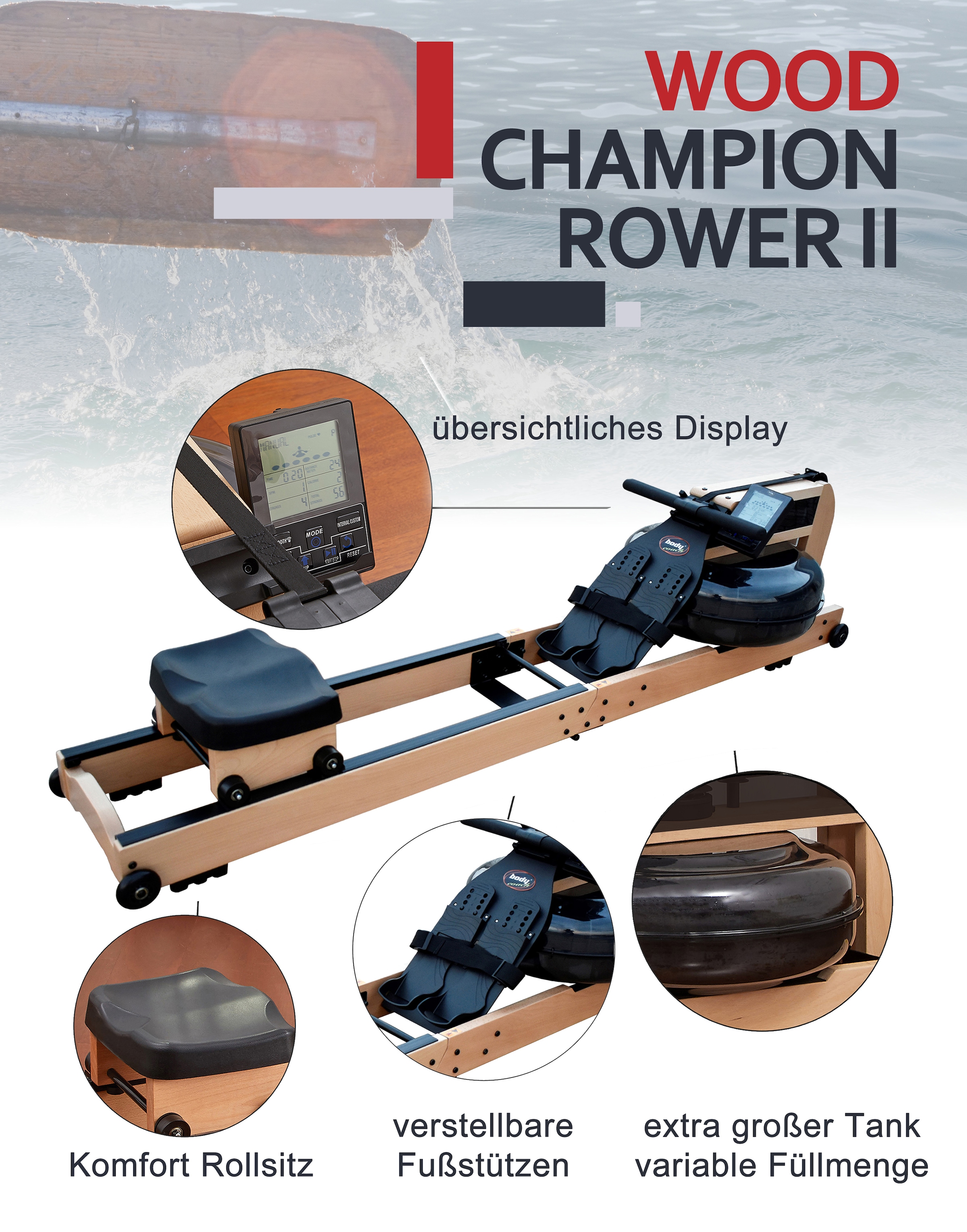 body coach Ruderzugmaschine »Wood Champion II Rower«, (extra großer Wassertank, platzsparend faltbar), Rudermaschine