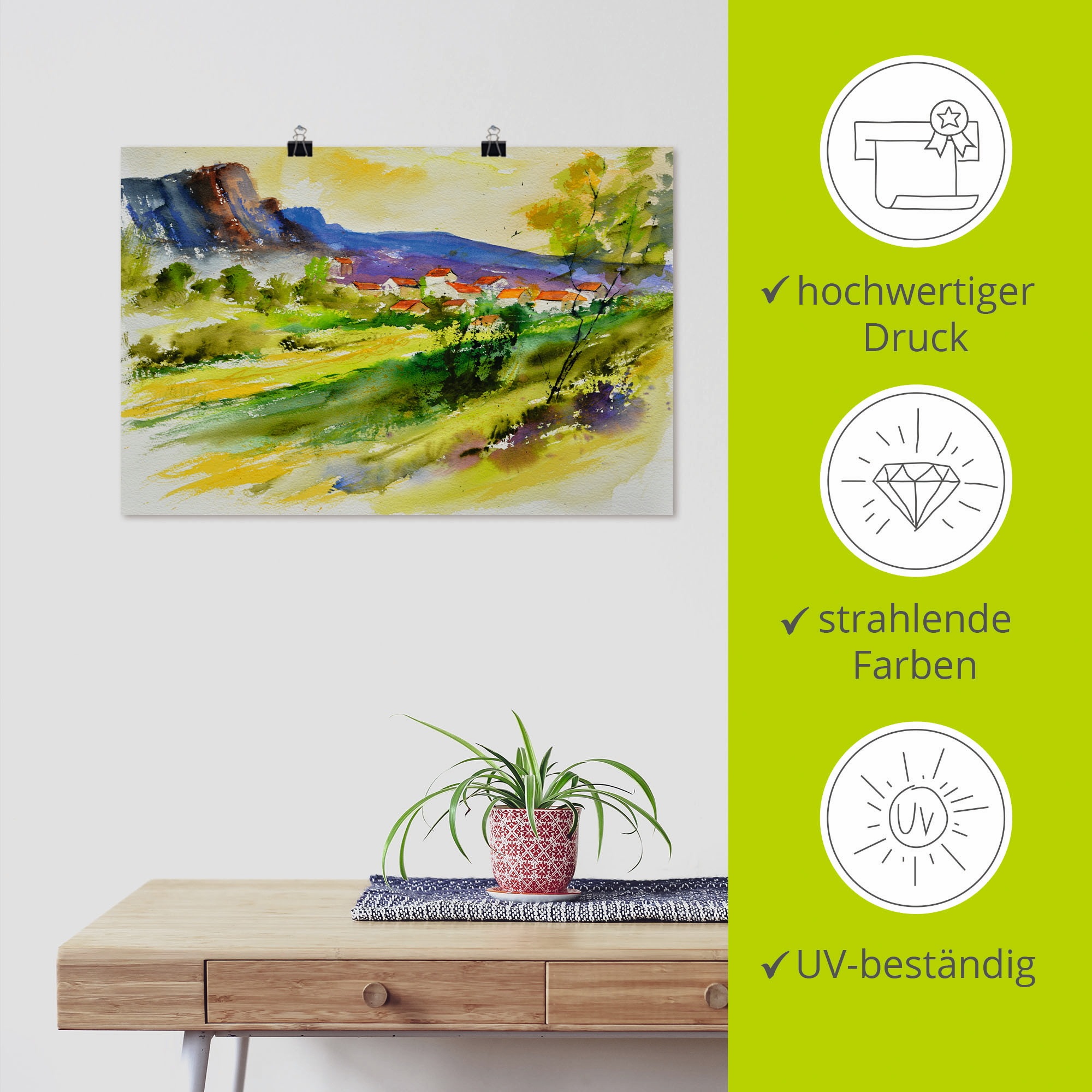 Artland Wandbild »Landschaft und Wohnhäuser«, Wiesen & Bäume, (1 St.), als Leinwandbild, Poster in verschied. Größen