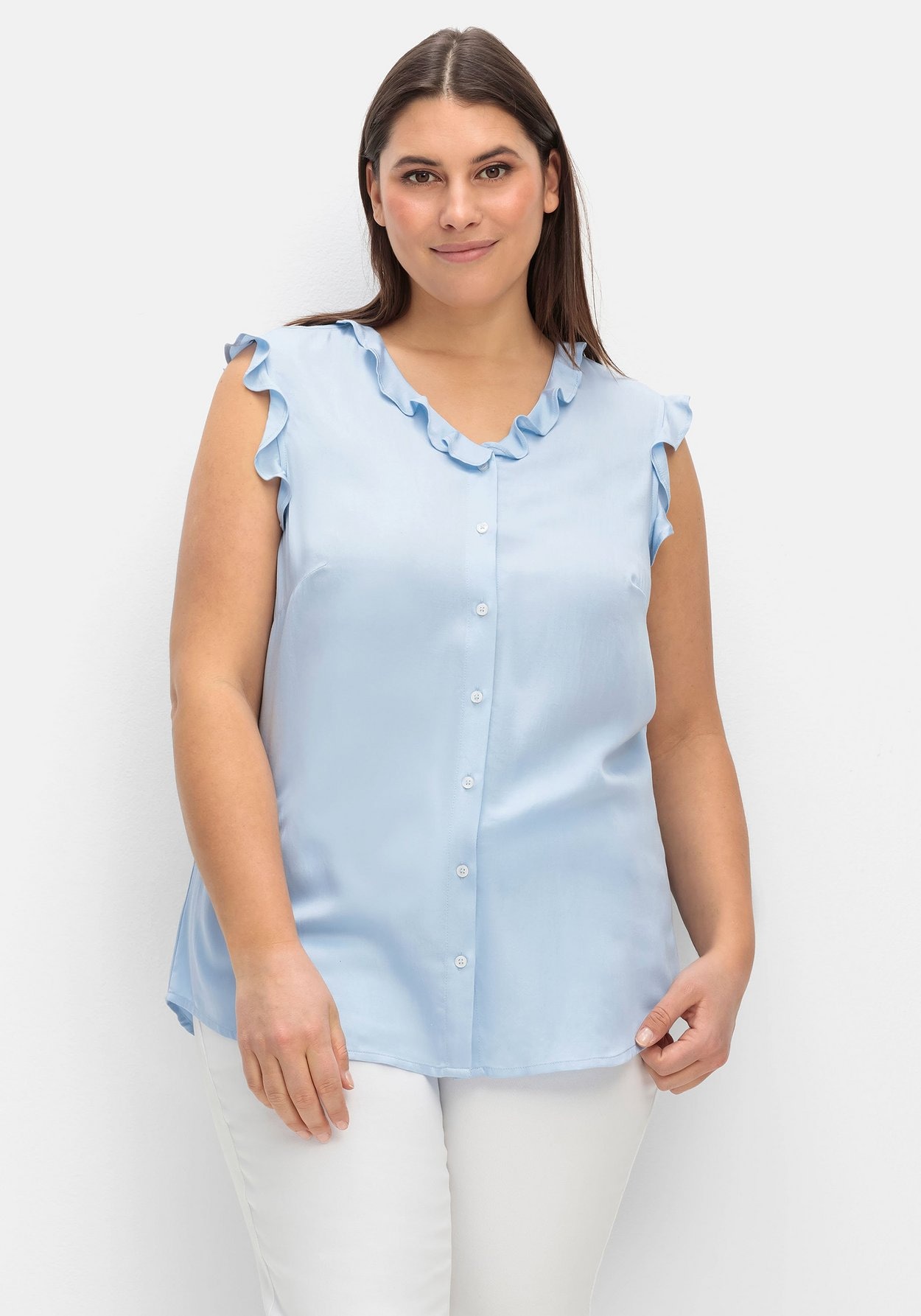 Sheego Rüschenbluse »Bluse in ärmelloser Form mit Volants«, in ärmelloser Form mit Volants