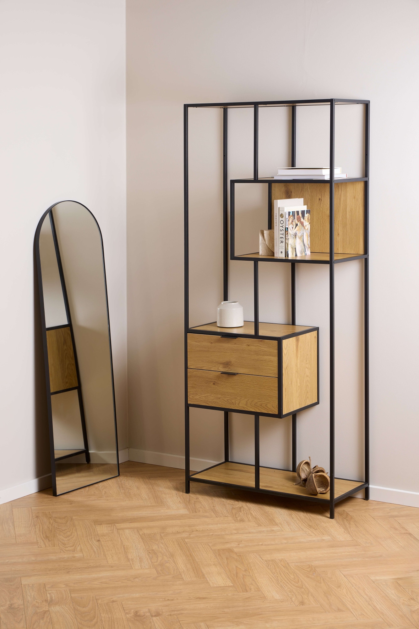 ACTONA GROUP Regal »Seaford, Standregal, Regal, Raumteiler« 77x35x185 cm,  schwarzer Stahlrahmen, 2 Schubladen, Wendemodul, Breite 77 cm