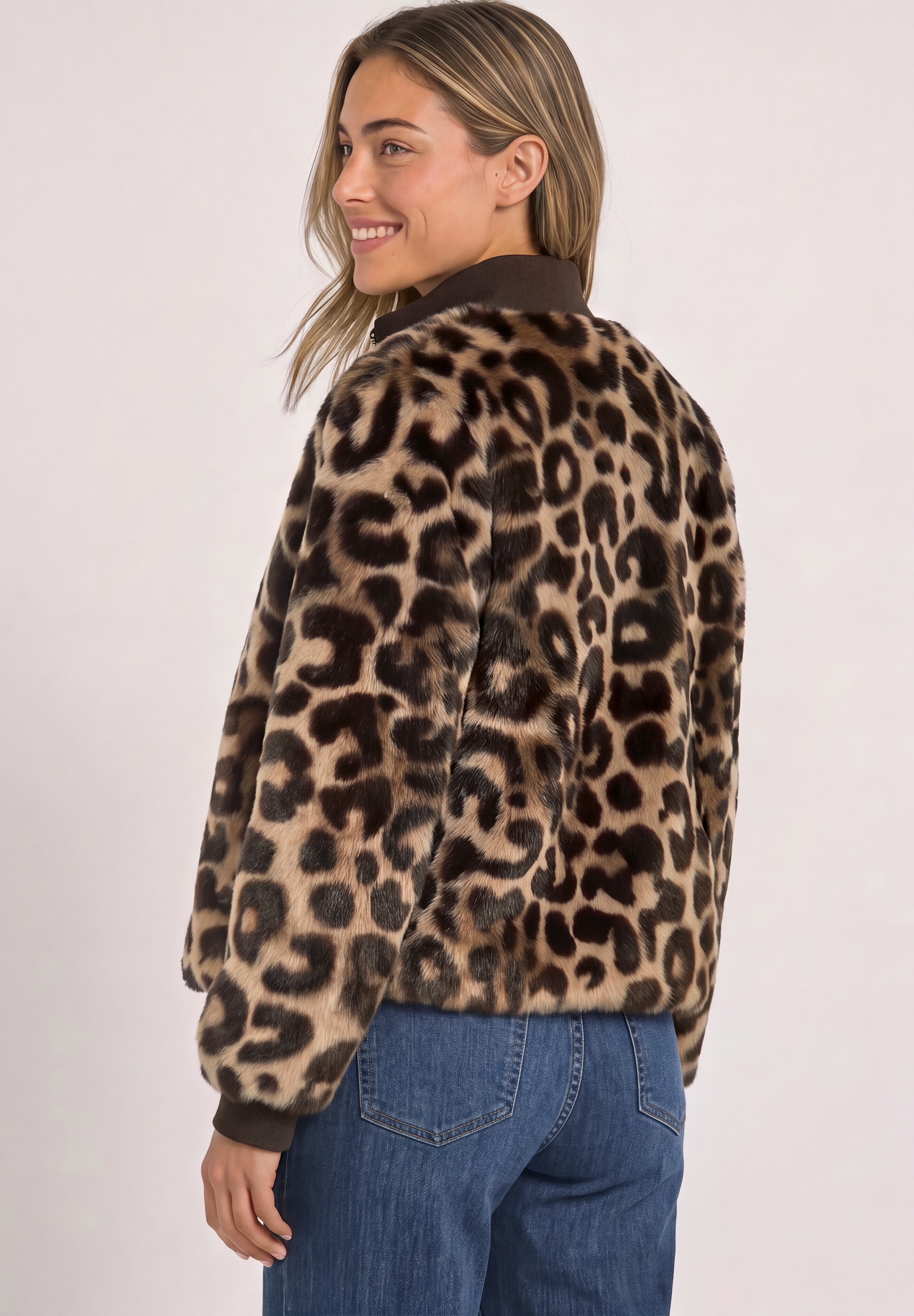 STREET ONE Blouson ohne Kapuze Fake Fur Blouson mit Strickdetails und Leo-Optik