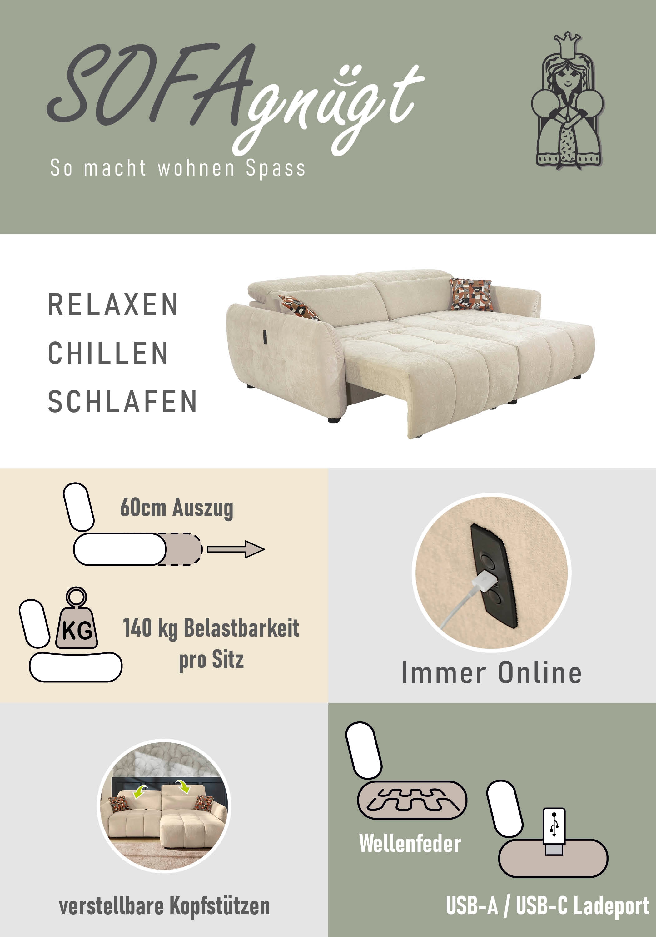 Jockenhöfer Gruppe Ecksofa »Zoom L-Form, B: 263 cm, mit 60 cm elektr. Sitztiefenverstellung« 140kg Belastbarkeit, USB-Anschluss, Kopfteilverstellung & Zierkissen