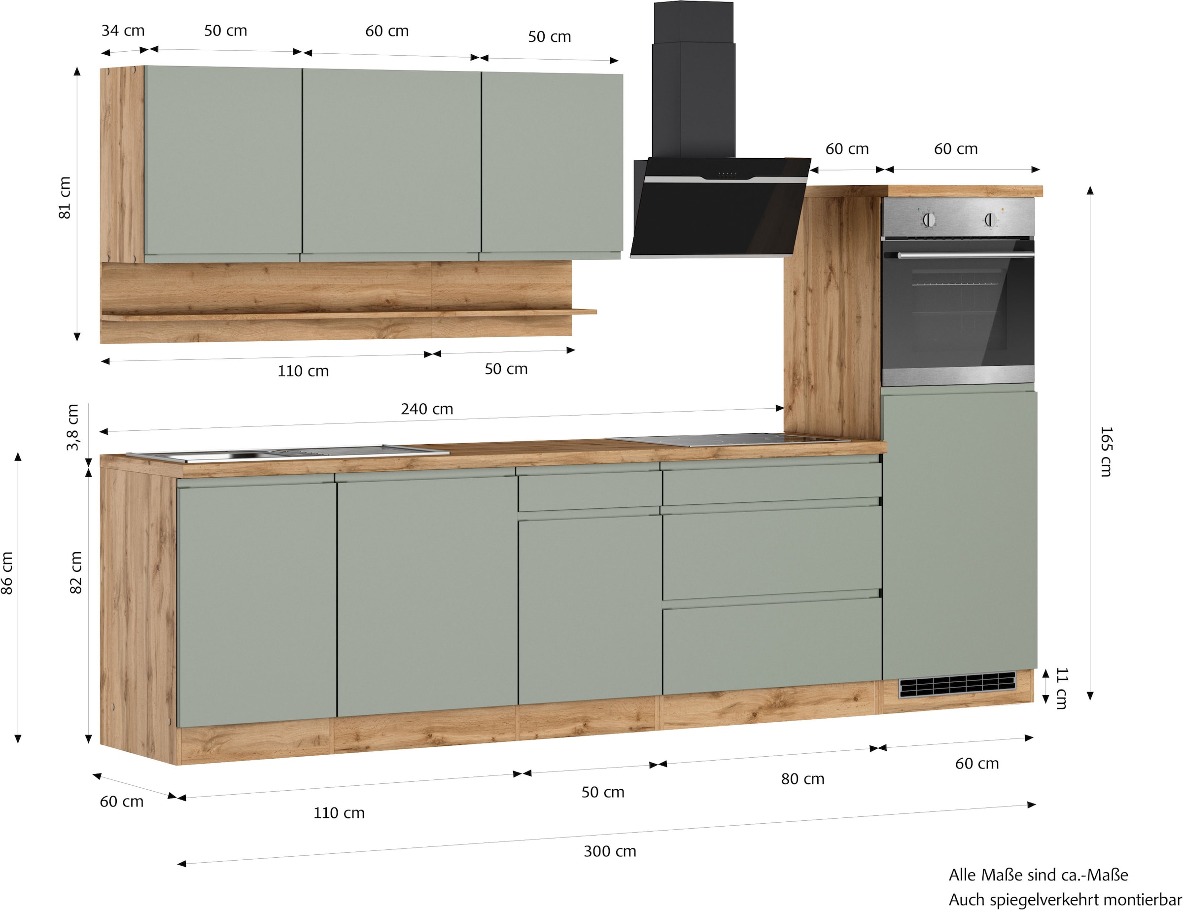 KOCHSTATION Küchenzeile »KS-Virginia,neu in verbesserter Ausführung« Arbeitsplatte 38 mm stark, Stauraum, Softclose,  Breite 300 cm, Soft-Close, ohne E-Geräte
