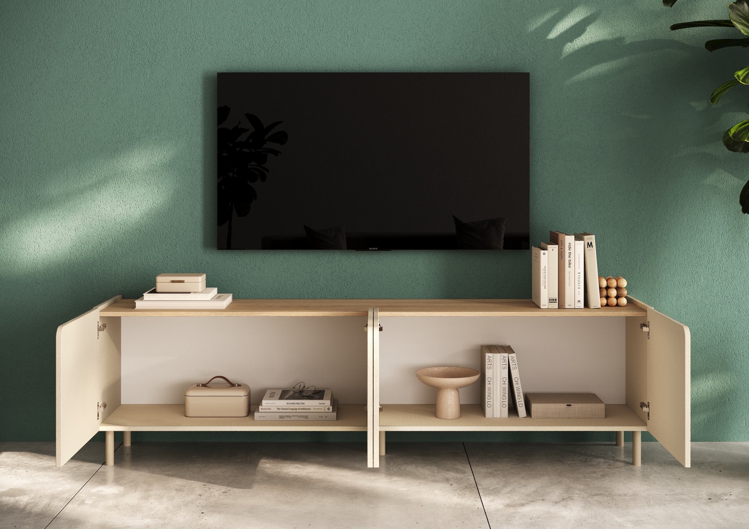 OTTO home Lowboard »Dobbiaco, 202 cm breit, 4 Türen, Mediaboard, TV-Schrank« Innenliegendes Top, gerade Metallfüße, Tür mit Rundung