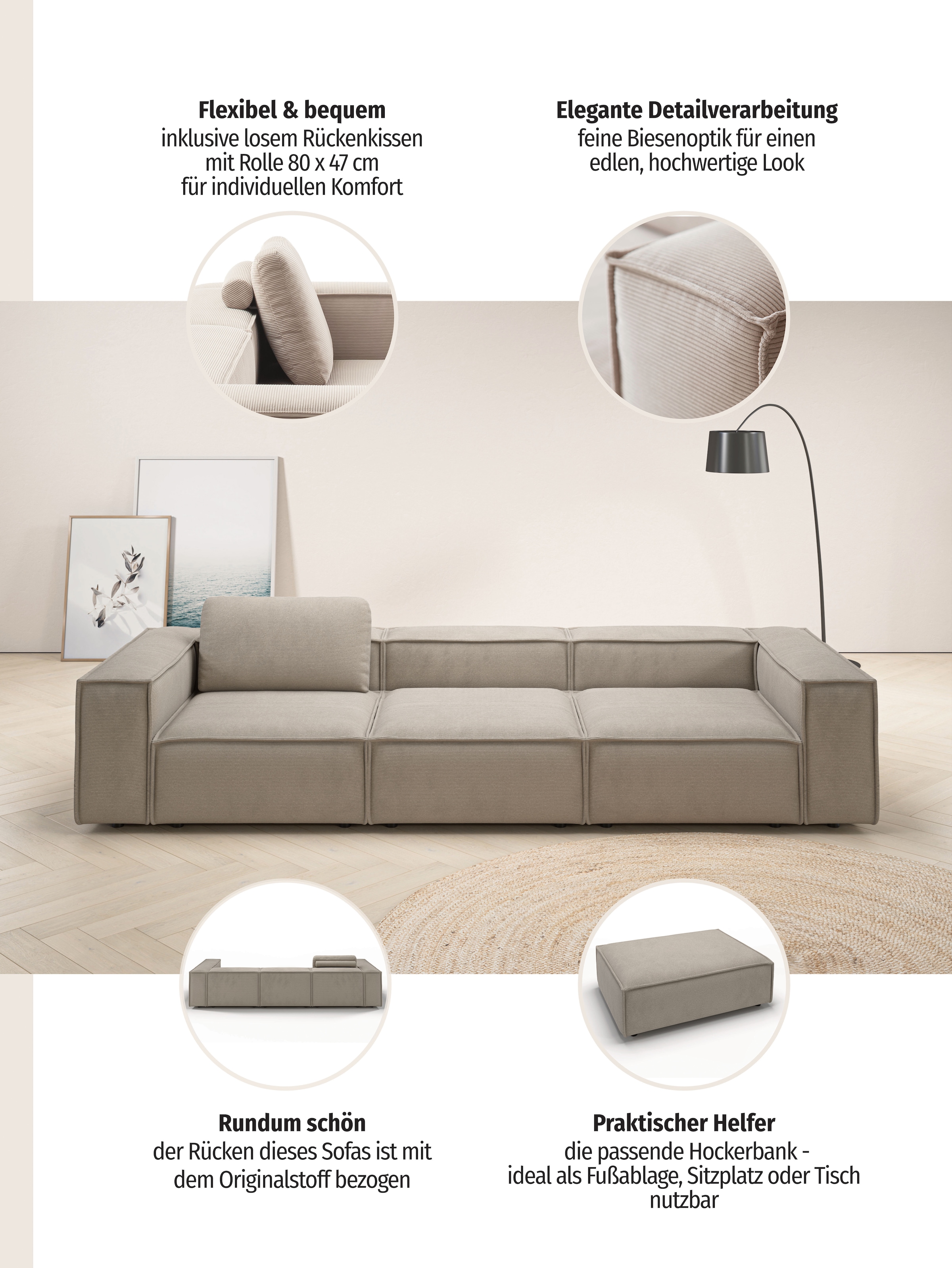 Places of Style 3,5-Sitzer »Watertown, modernes Big-Sofa XXL, 336 cm Breite, auch in Feincord«, Riesiges Designersofa mit viel Platz & weichen Bezügen in Trendfarben