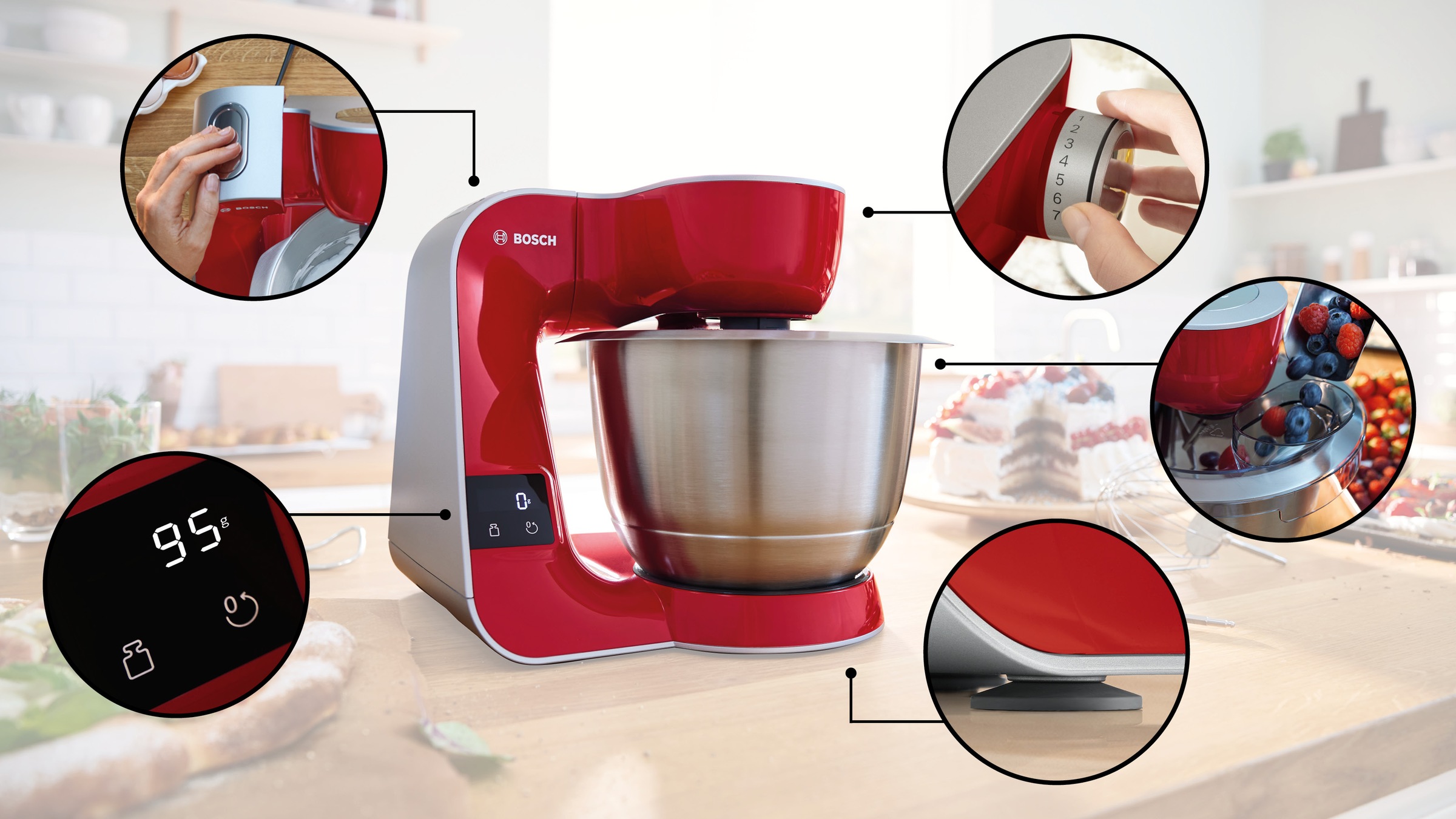 BOSCH Küchenmaschine »Serie 4 MUM5X734, integr. Waage, Durchlaufschnitzler, Mixer, rot«, 2 Schüsseln, 3 Scheiben, Knethaken/Rühr-/Schlagbesen, spülmasch.fest