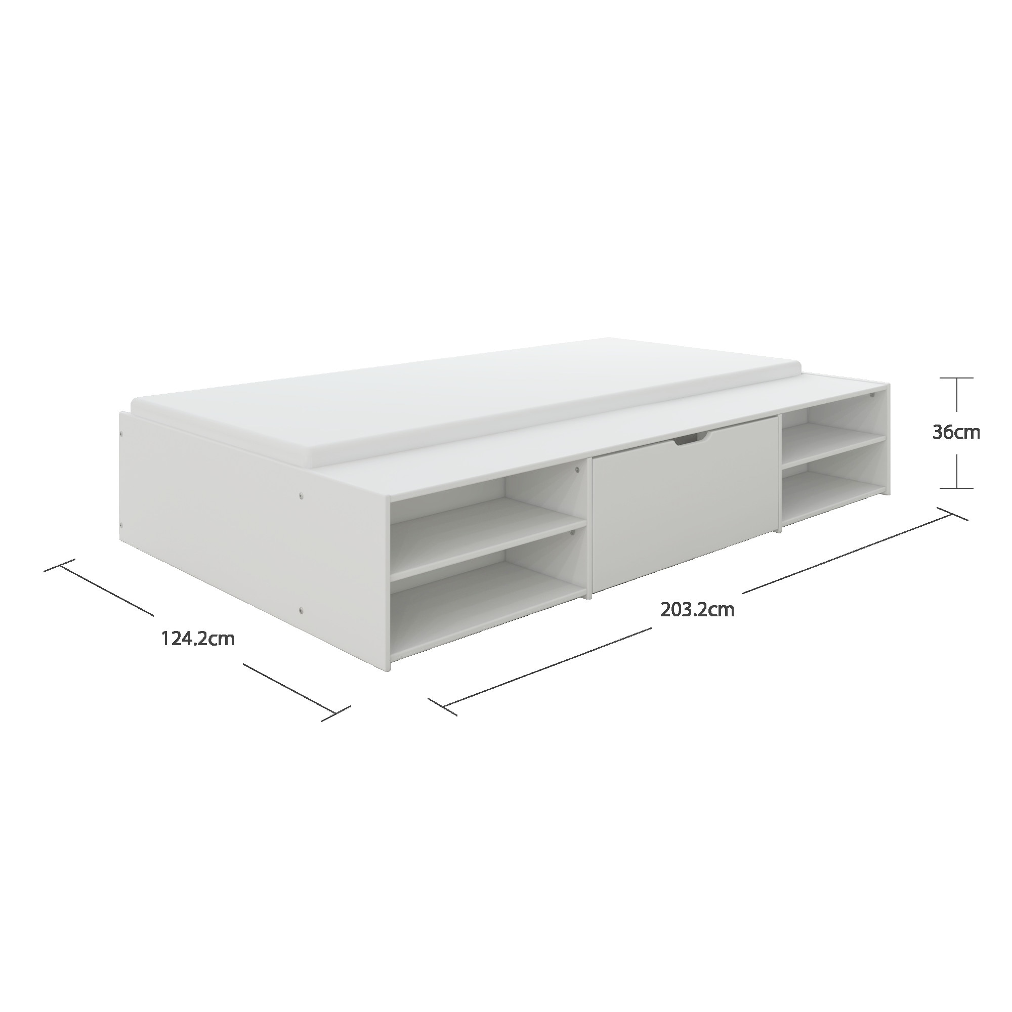 Home affaire Stauraumbett »Cavan, Jugendbett, Podestbett, Futonbett, Made in EU«, (Breite/ Belastbarkeit: 120cm/200 KG, 90cm/ 100KG), inklusive Lattenrost, viel Stauraum, breite Ablage, FSC® zertifiziert