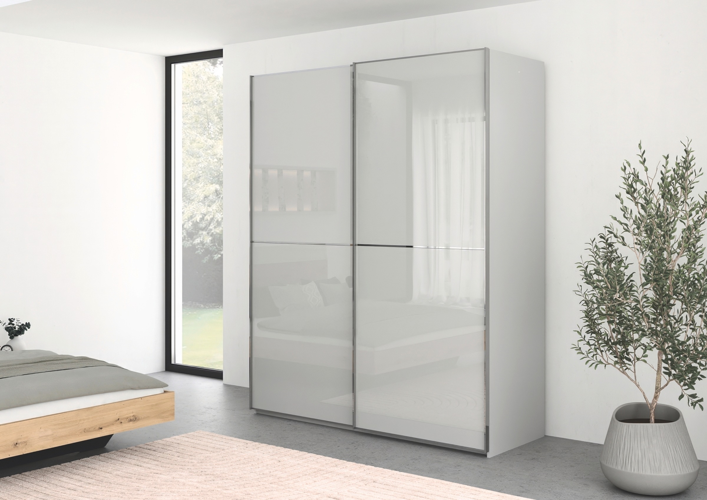 rauch Schwebetürenschrank »Kleiderschrank Schrank Garderobe Schlafzimmerschrank SCALE-DUO« edle zweigeteilte Türen Glas-Front mit 3 Zierleisten MADE IN GERMANY