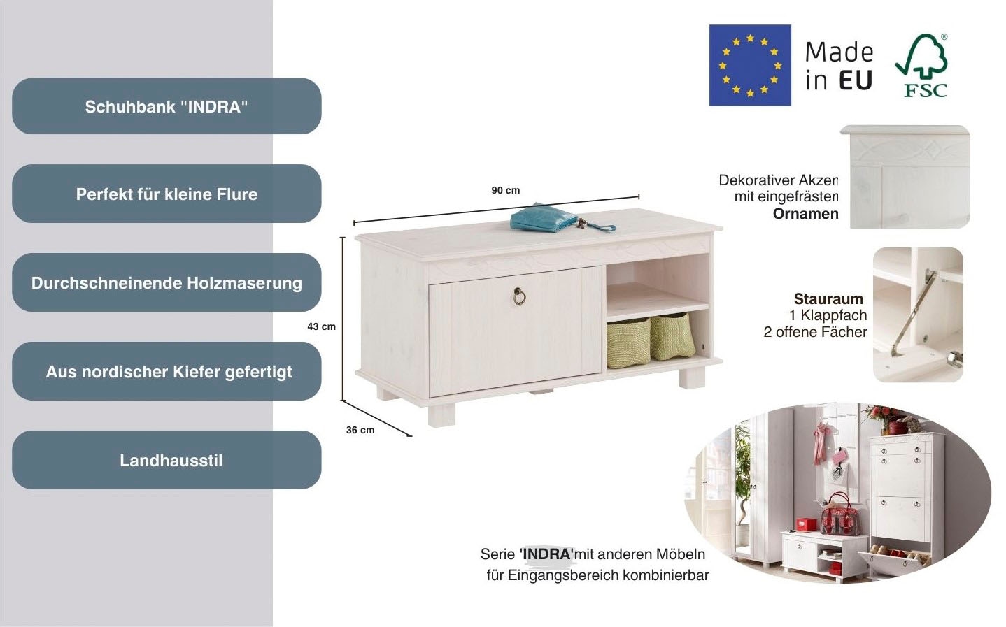 Home affaire Schuhbank »Indra«, aus massiver Kiefer, FSC®, Breite 90 cm, dezentes Ornament