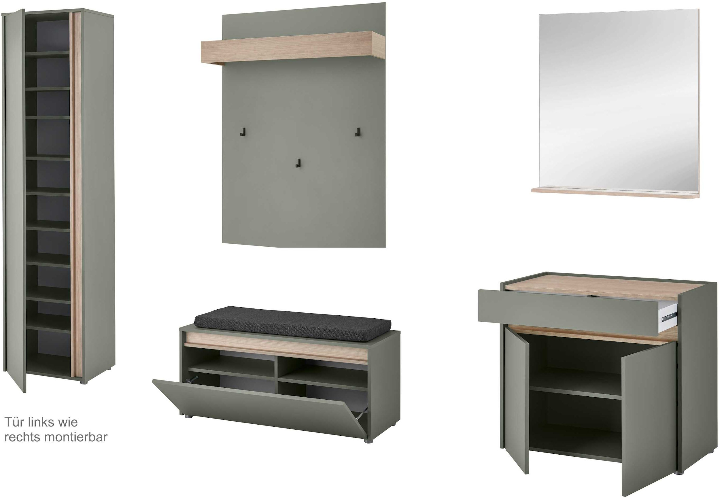 INOSIGN Garderoben-Set »GIRON/CiTY, moderne Garderobe, Komplettset mit viel Stauraum«, (Komplett-Set, 5 St.), enthält Schrank, Kommode, Spiegel, Paneel & Schuhbank +Sitzkissen