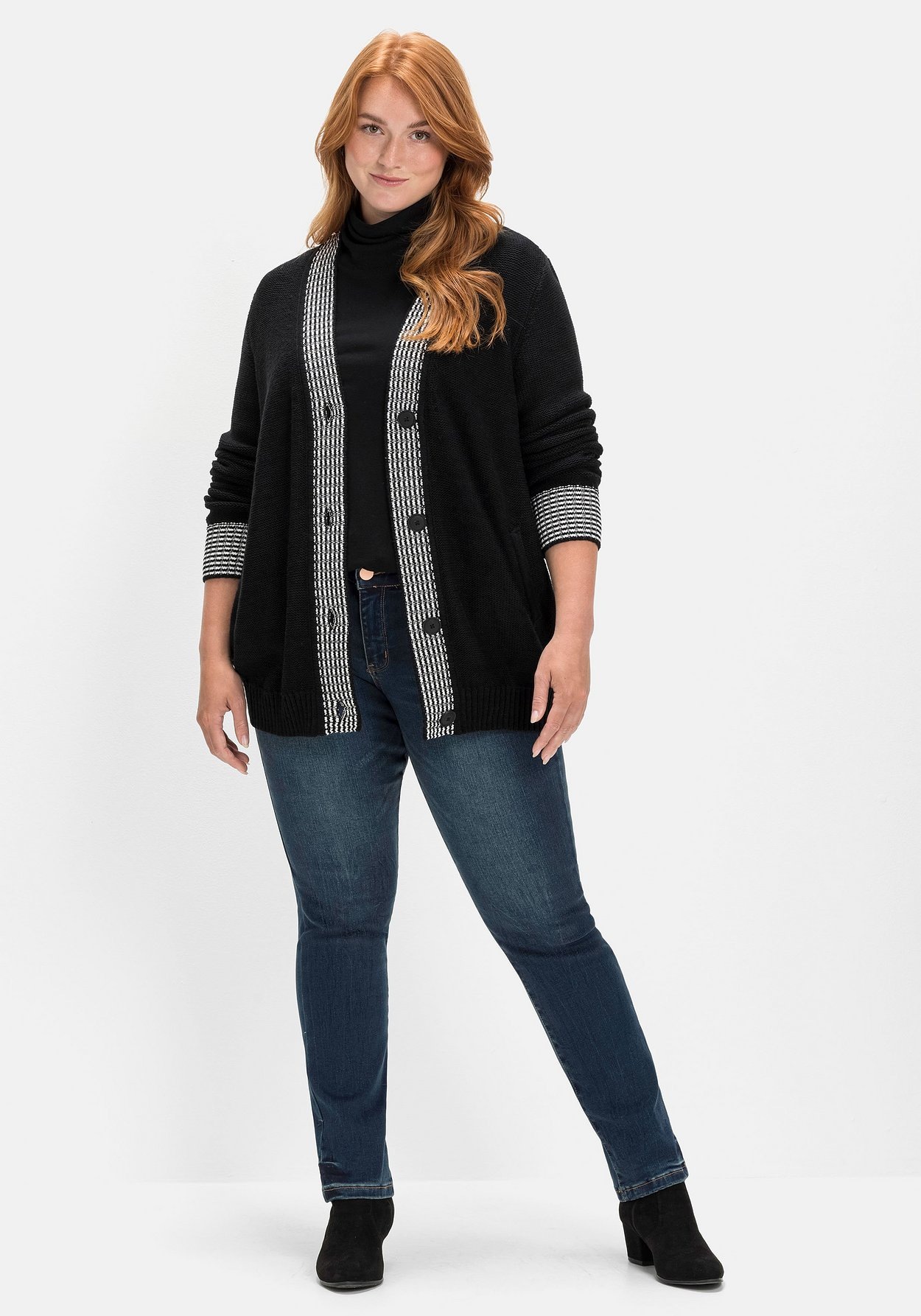 Sheego Cardigan »Strickjacke mit Kontrastdetails im Hahnentrittmuster«, mit Kontrastdetails im Hahnentrittmuster