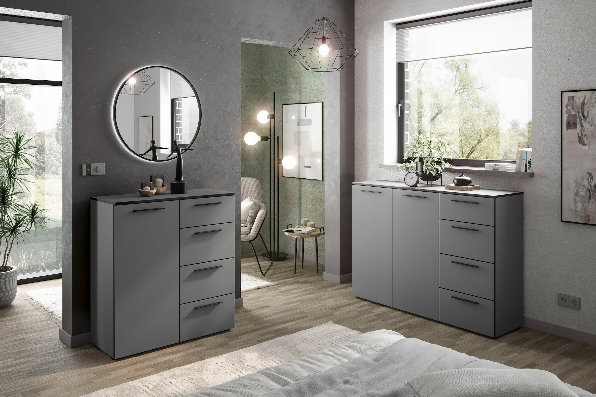 Manjana Möbel Kommode »mit Schwarz matten Metallgriffen in verschiedenen Ausführungen« mit Soft-Close-Funktion, mit melaminbeschichteter Oberfläche