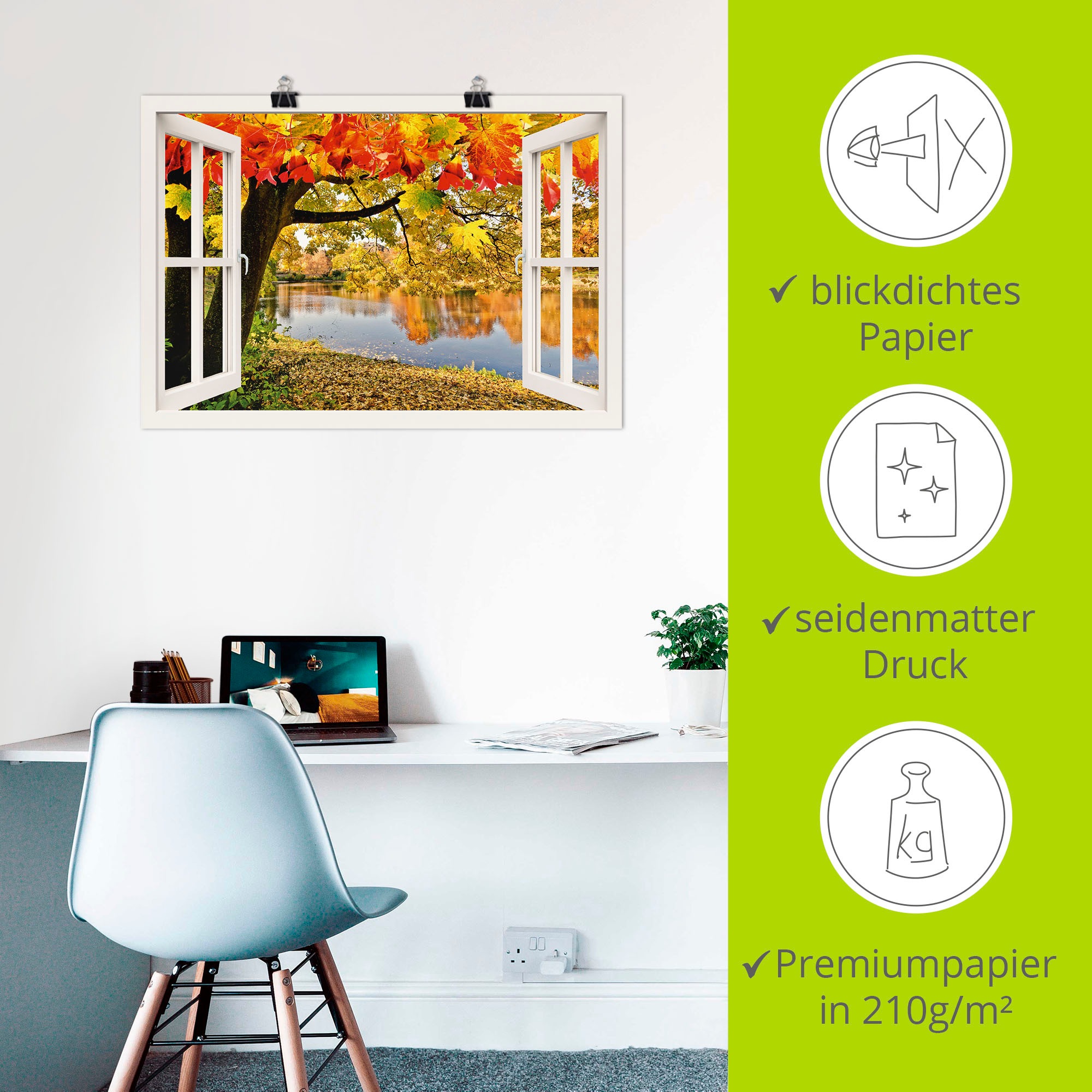 Artland Poster »Fensterblick Herbsttag an einem See«, Gewässer, (1 St.), als Alubild, Leinwandbild, Wandaufkleber oder Poster in versch. Größen