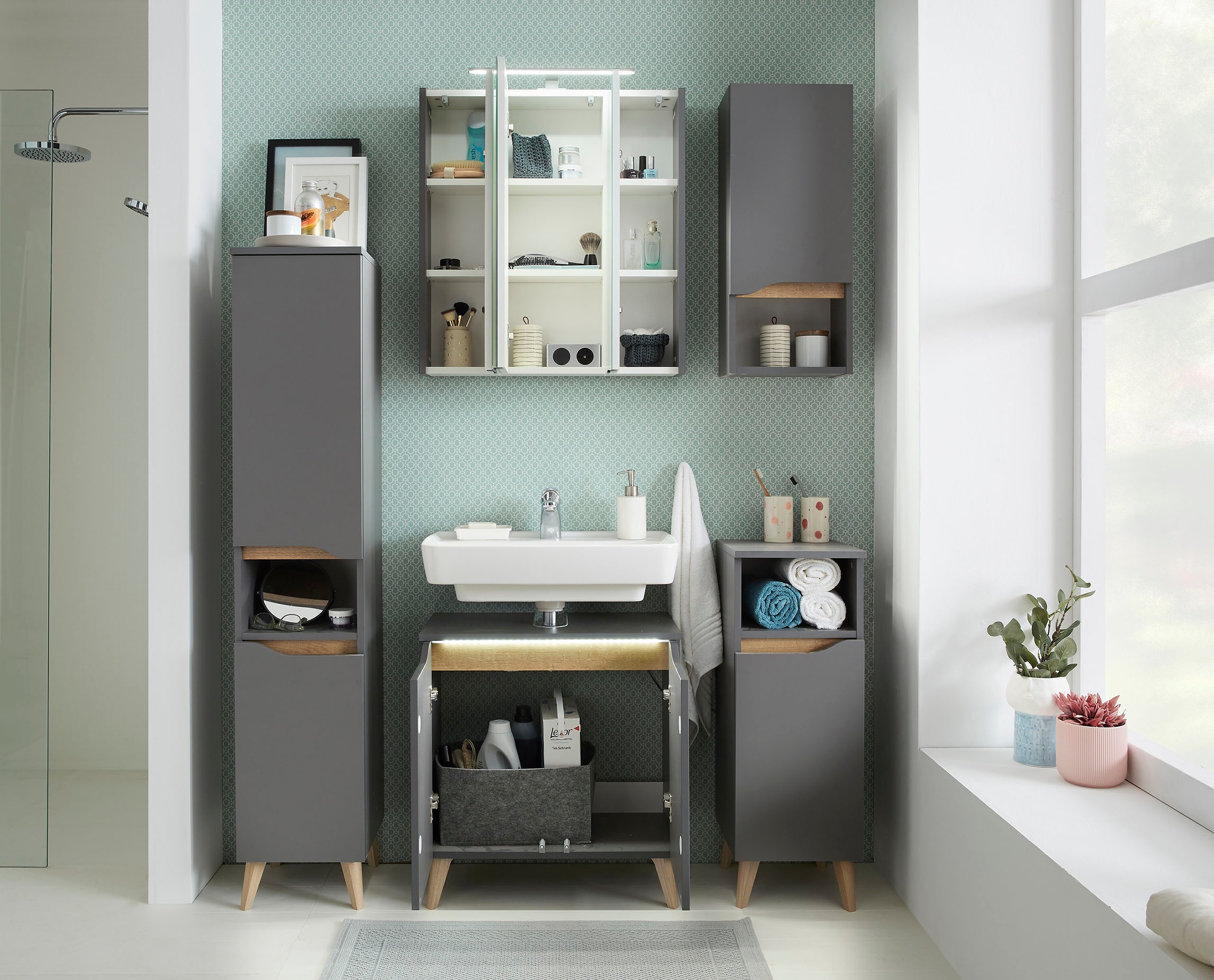 Saphir Badmöbel-Set »Quickset 5-teilig, Waschbeckenunterschrank mit LED-Spiegelschrank« 6 Stk. tlg.