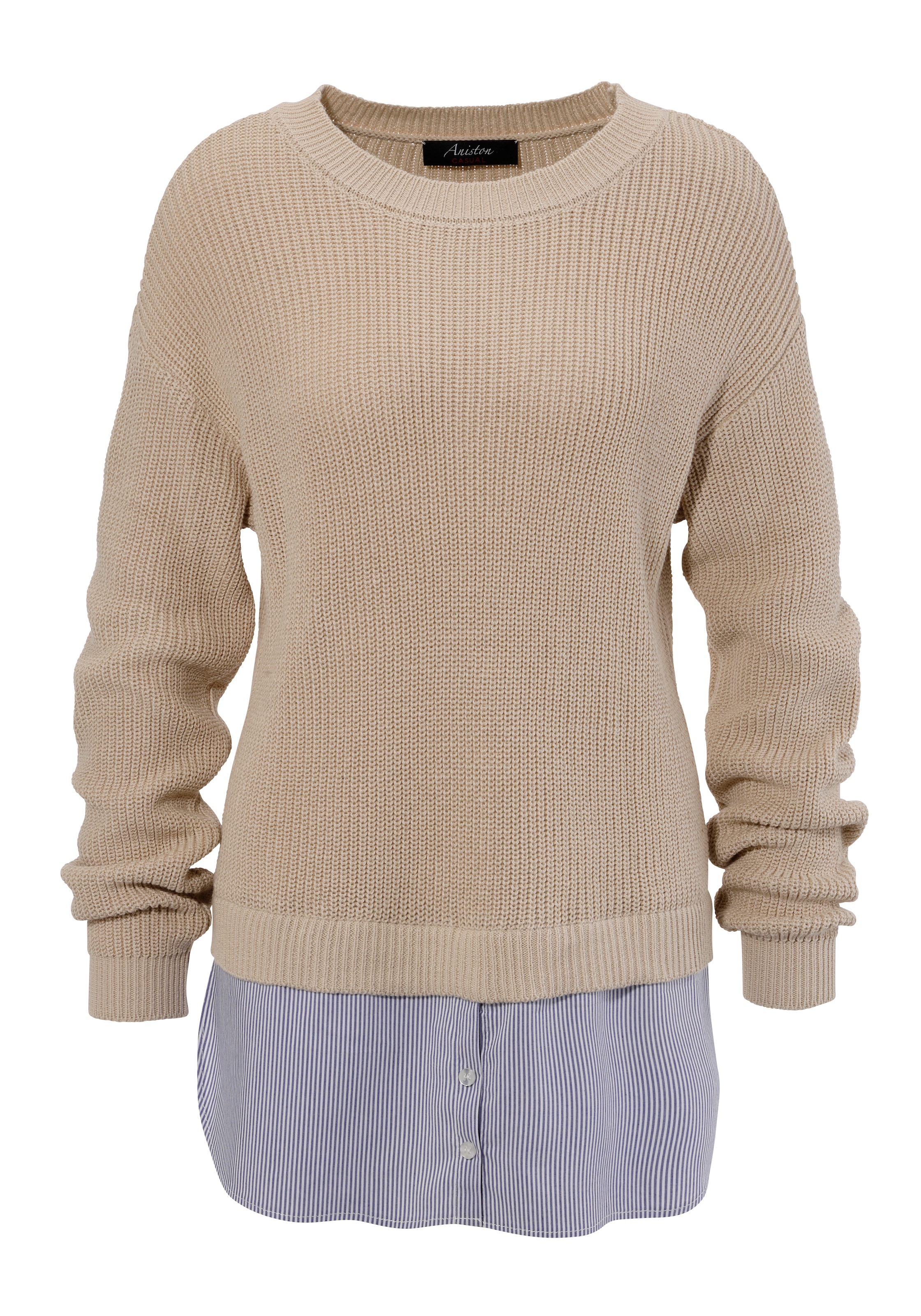 Aniston CASUAL Strickpullover, mit gestreiftem Bluseneinsatz am Saum - NEUE KOLLEKTION