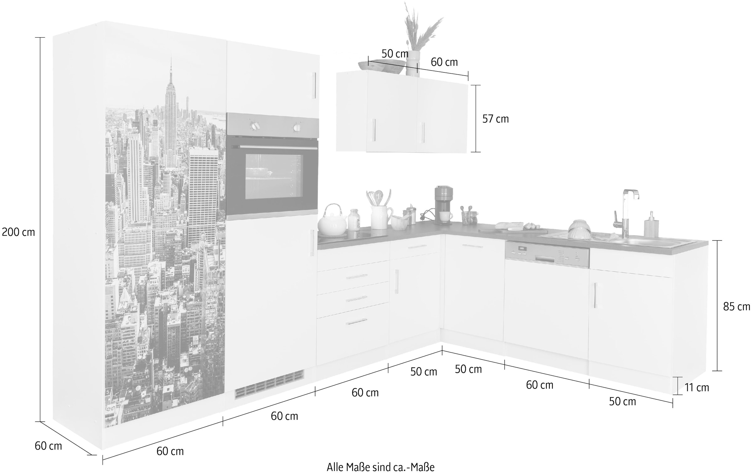 KOCHSTATION Küchenzeile »KS-Paris – Küchen mit einzigartigen Fotomotiven auf den Fronten« ohne E-Geräte, Stellbreite 290/220 cm