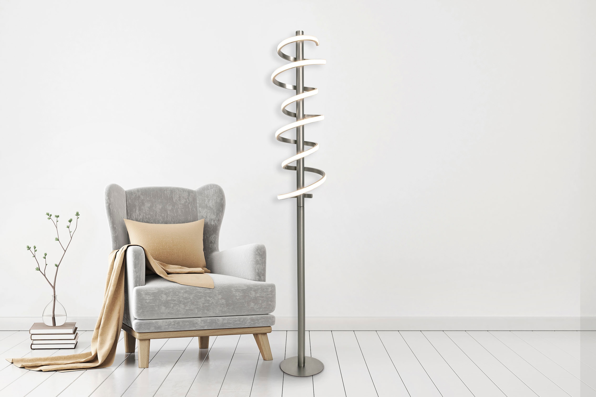 näve LED Stehlampe »Belleza«, 1 flammig, Leuchtmittel LED-Modul | LED fest integriert, Flurleuchte warmweiß, H: 140cm, 27W, silberfarben, IP20, dimmbar