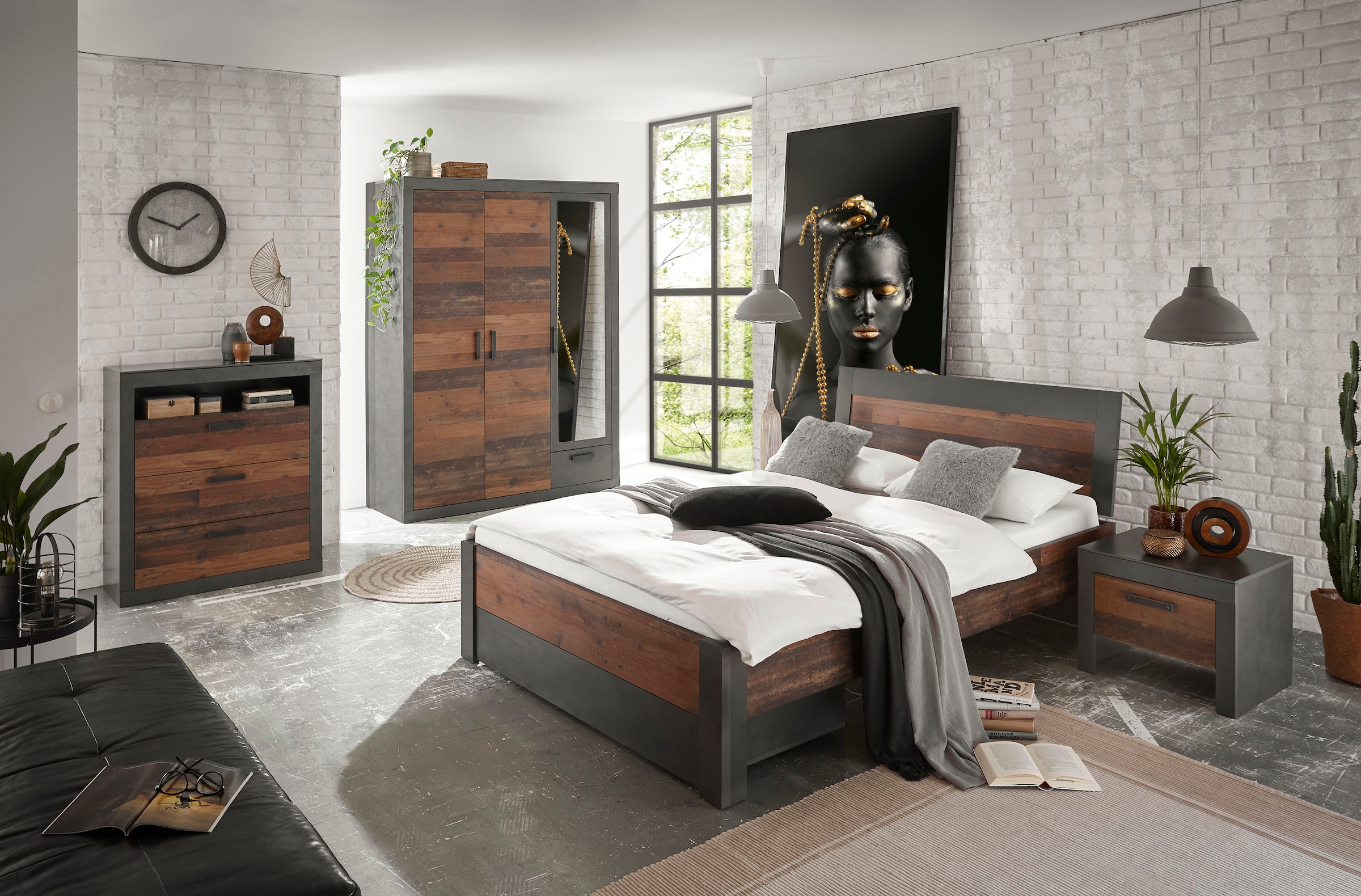 Home affaire Schlafzimmer-Set »BROOKLYN«, (Set, 5 St.), Bett mit Holzkopfteil und Schublade