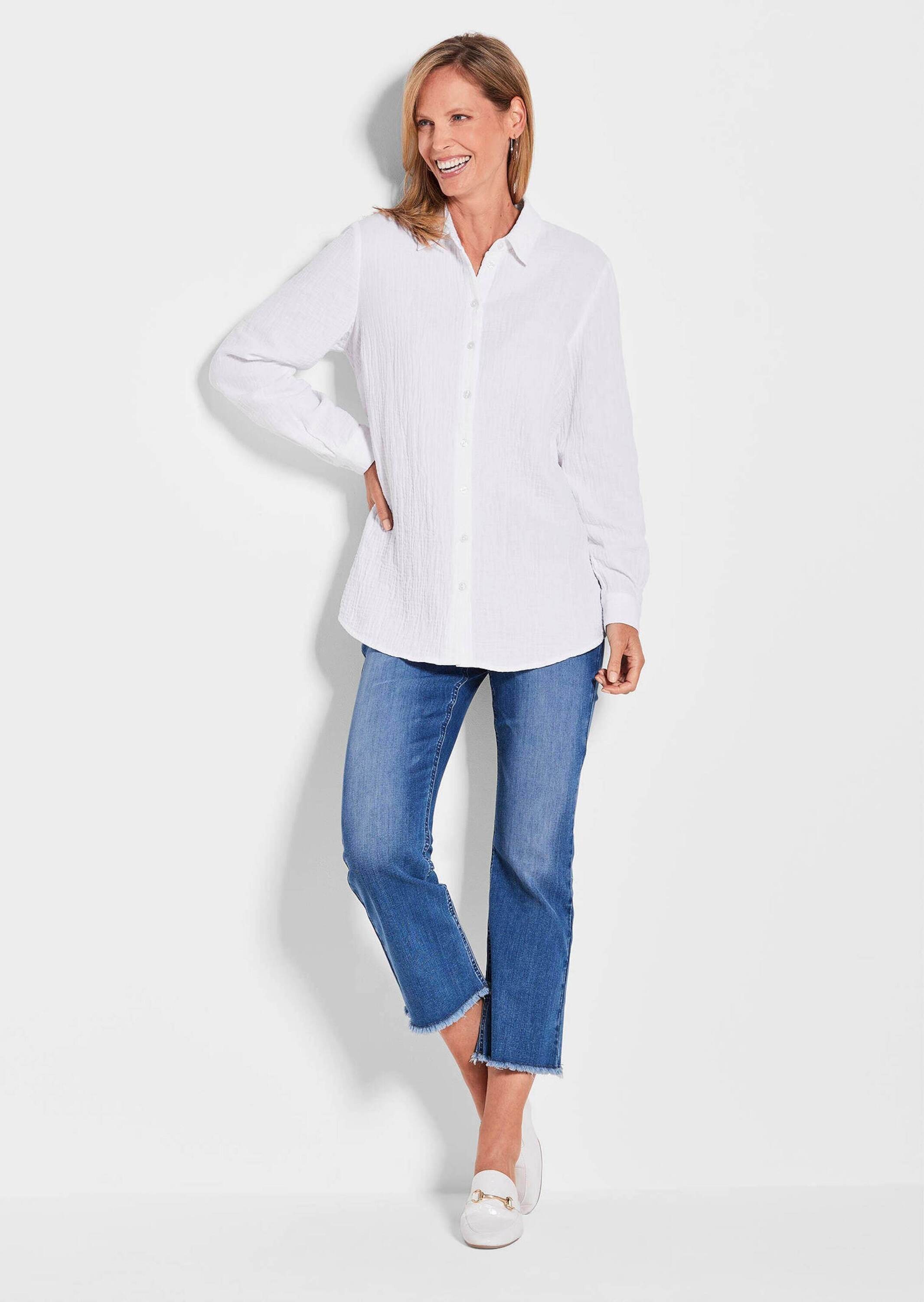 GOLDNER Hemdbluse »Verlängerte Langarm Musselin-Bluse« überaus hautfreundliche Qualität