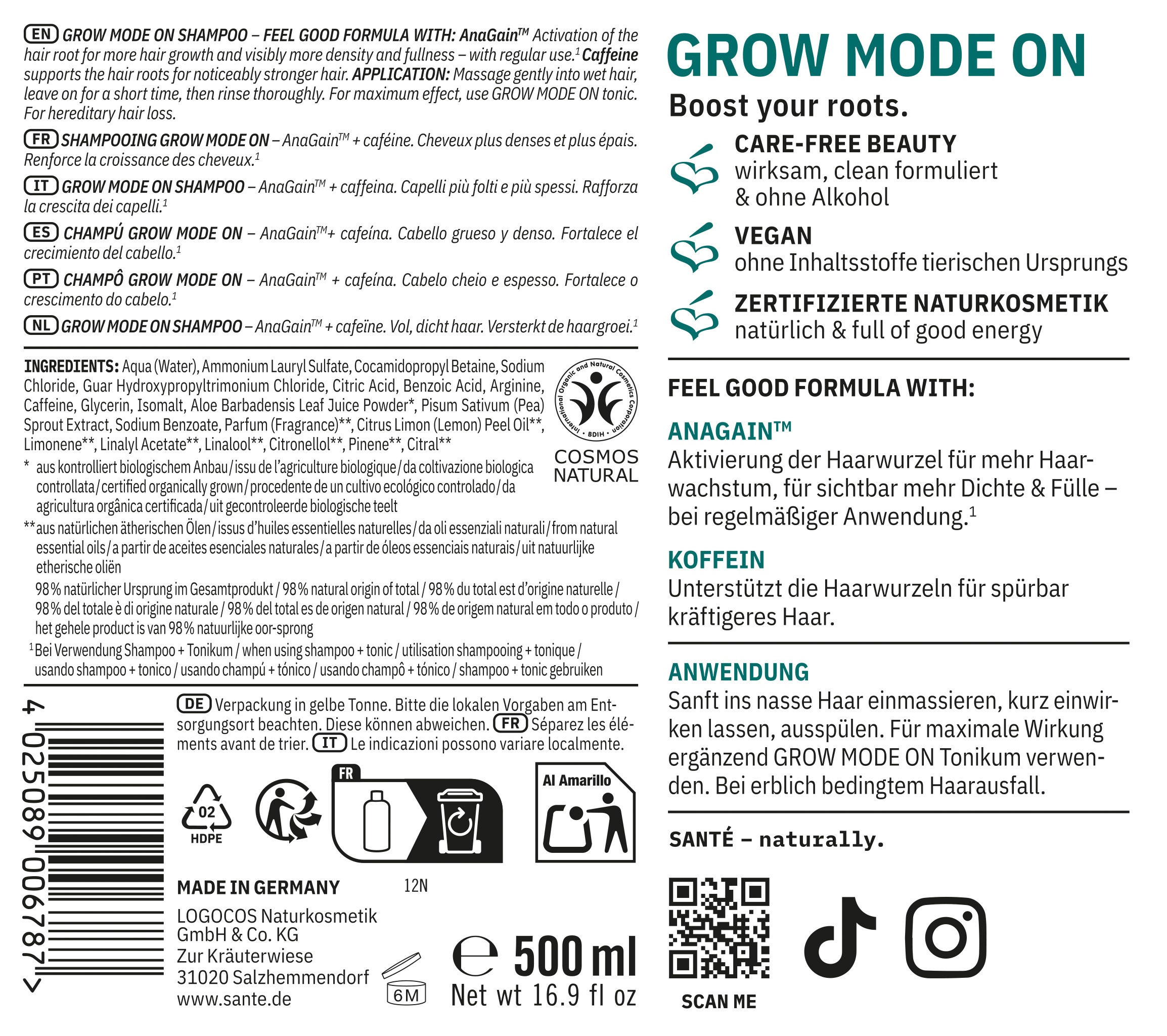 SANTE Haarshampoo »GROW MODE ON SHAMPOO« für alle Haartypen, mit AnaGain™, frei von Alkohol