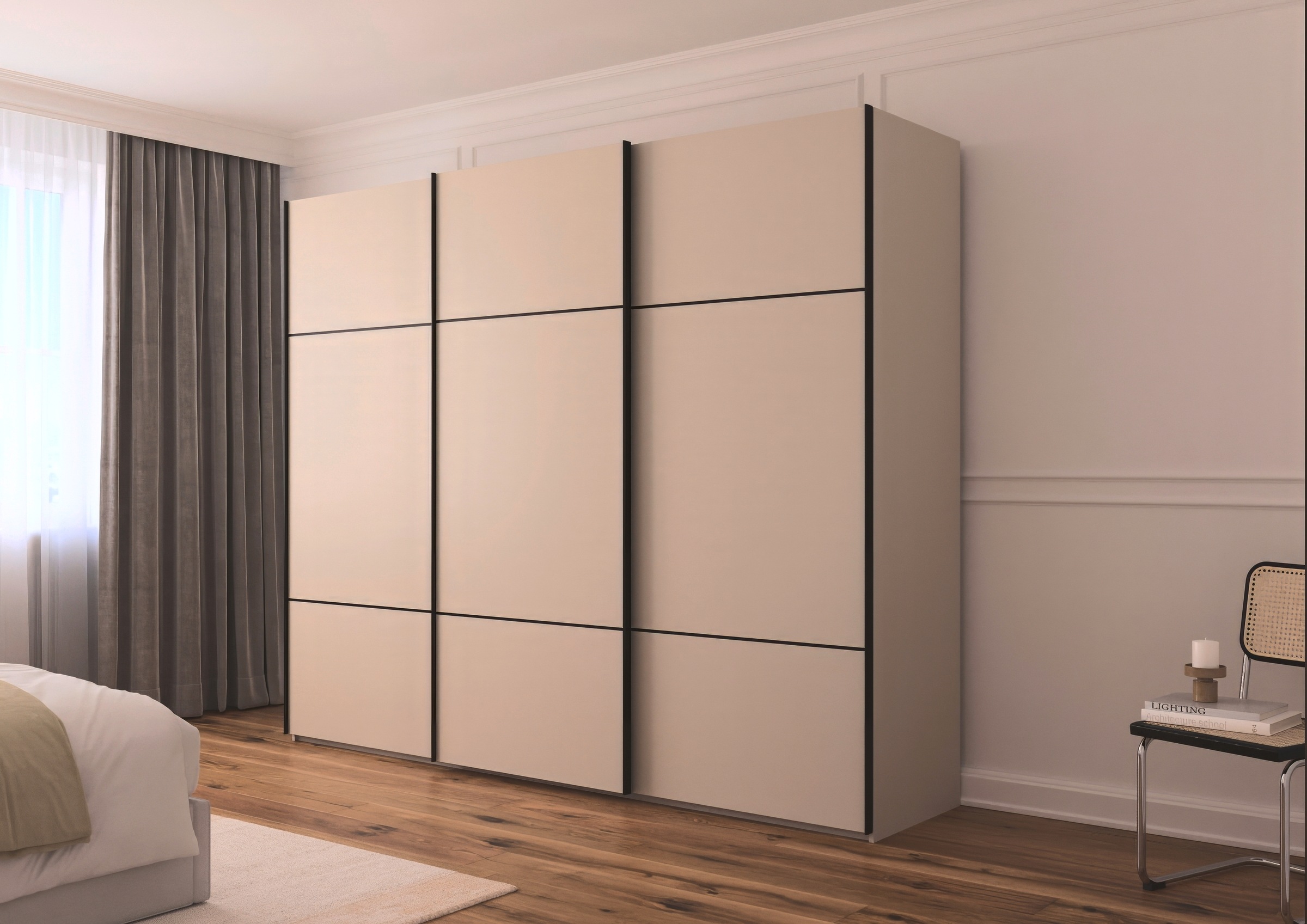rauch Schwebetürenschrank »Kleiderschrank Schrank Garderobe Schlafzimmerschrank SCALE-TRIO«, edle dreigeteilte Front, 2 Zierleisten in Griff-Farbe MADE IN GERMANY
