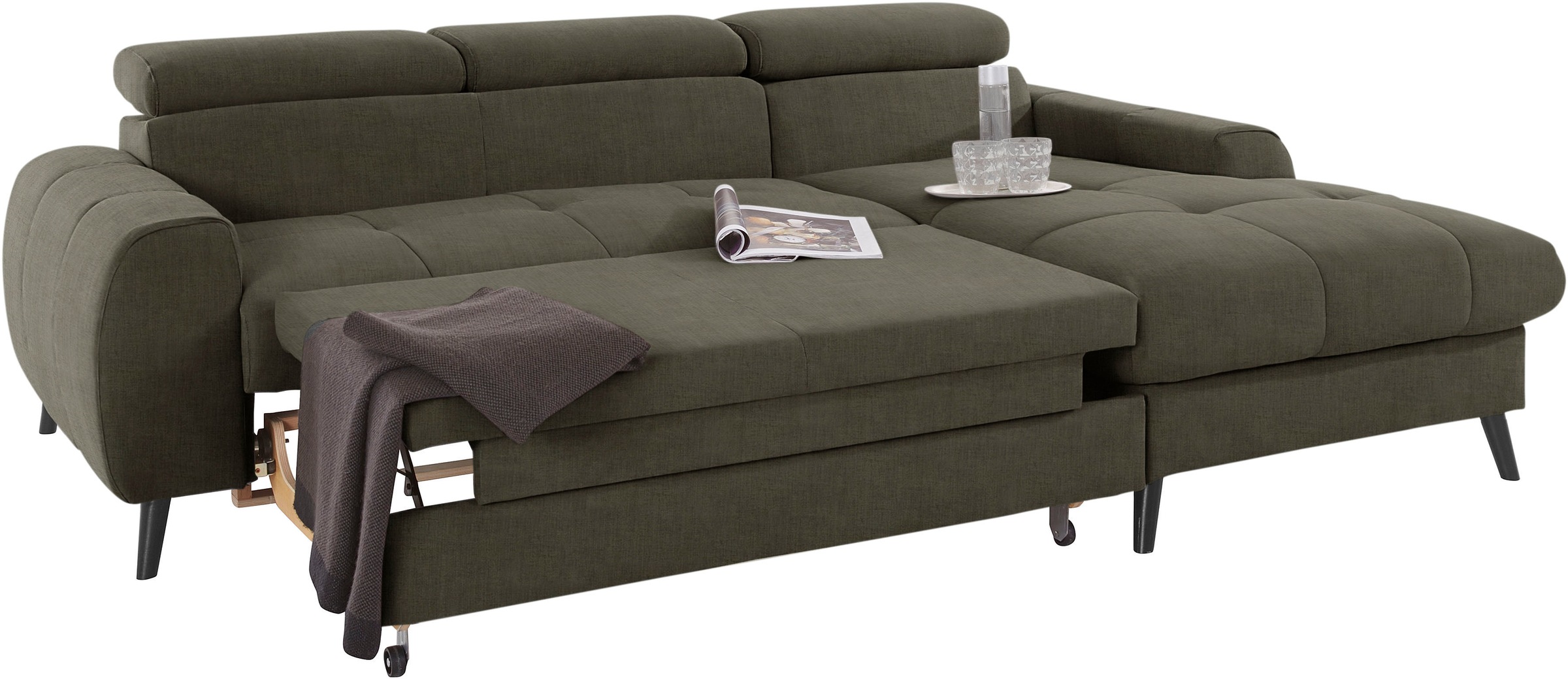COTTA Ecksofa »Mia L-Form mit 3 Zierkissen«, wahlweise mit Bettfunktion, Bettkasten, Beleuchtung & Wireless-Charger
