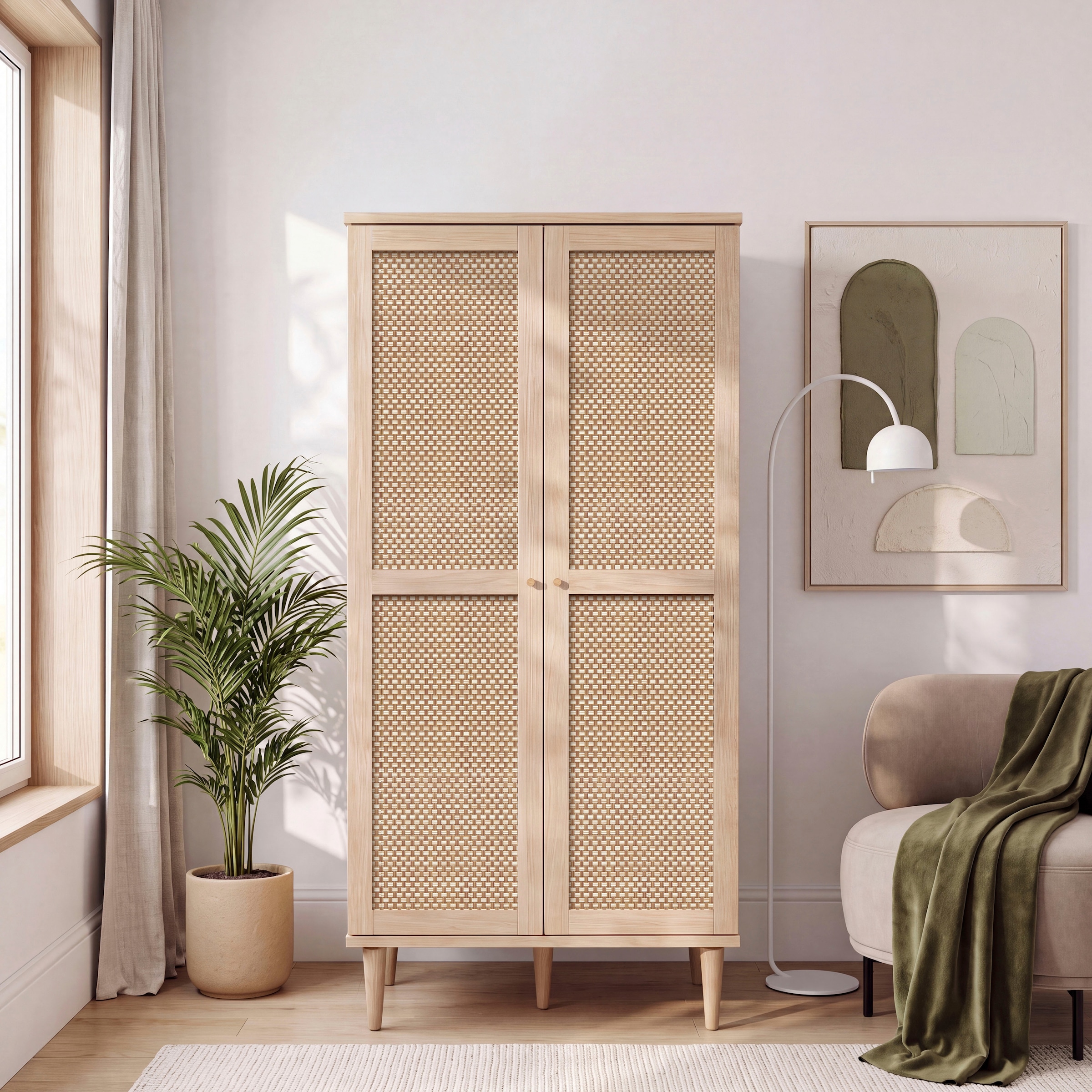 OTTO home Kleiderschrank »ELLIAN mit natürlicher Geflechtoptik und warmem Holzdekor« Holzfüße, Metallgriffe, Made in EU, viel Stauraum, FSC® zertifiziert