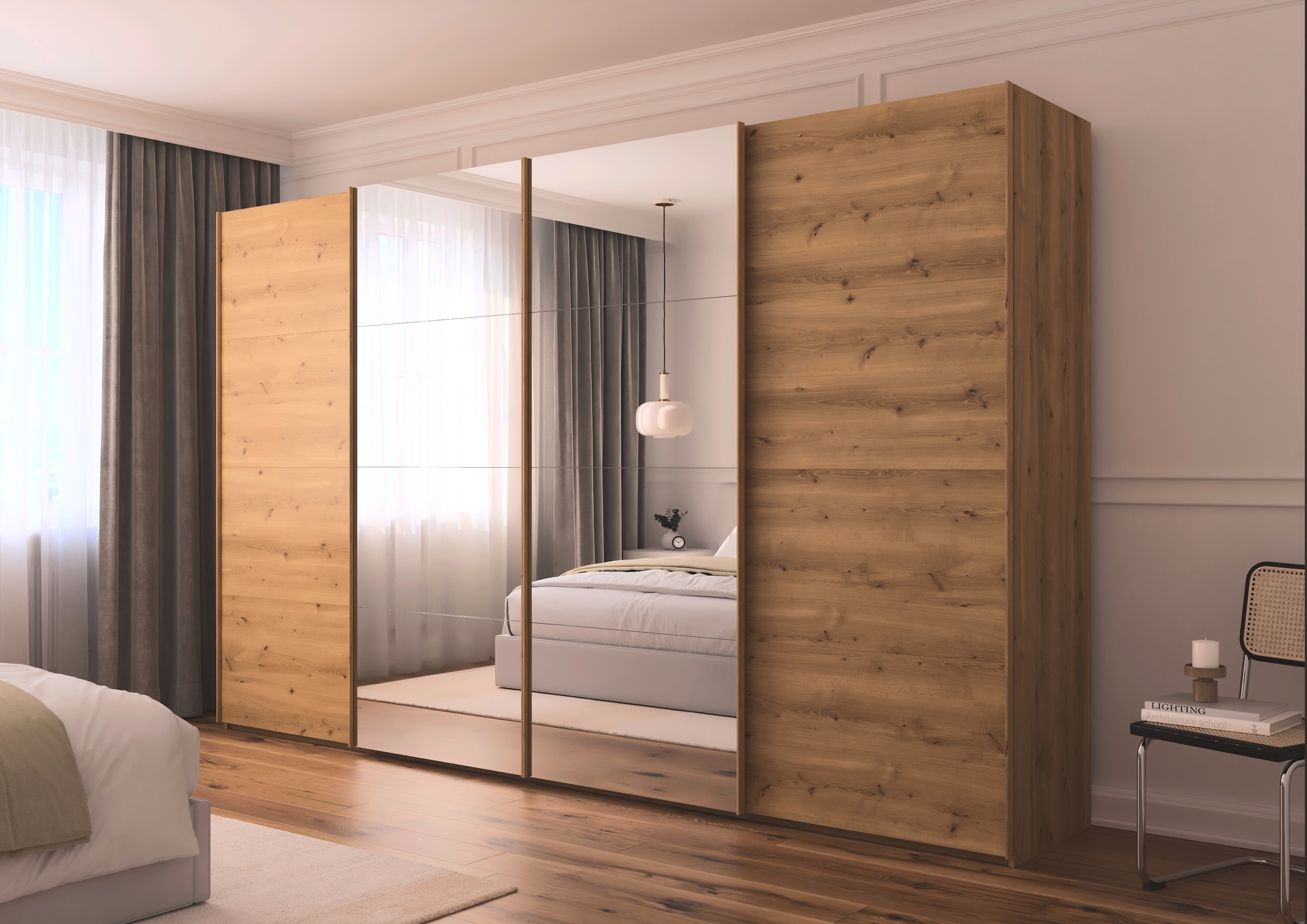 rauch Schwebetürenschrank »Kleiderschrank Schrank Garderobe Schlafzimmerschrank SCALE-FYRA«, edle viergeteilte Türen mit Spiegel und vielen Farben MADE IN GERMANY