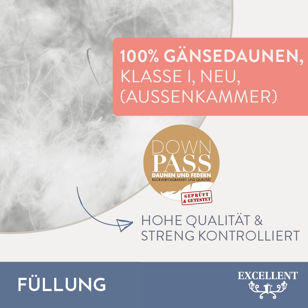 Excellent Kopfkissen »Venedig«, Füllung: weiße neue Gänsedaunen, Klasse I, 100% Daunen (Außen), weiße neue Gänsefedern, Klasse I, 100% Federn (Innen), Bezug: feiner Daunen-Batist, 100% Baumwolle, (2 St.), hergestellt in Deutschland