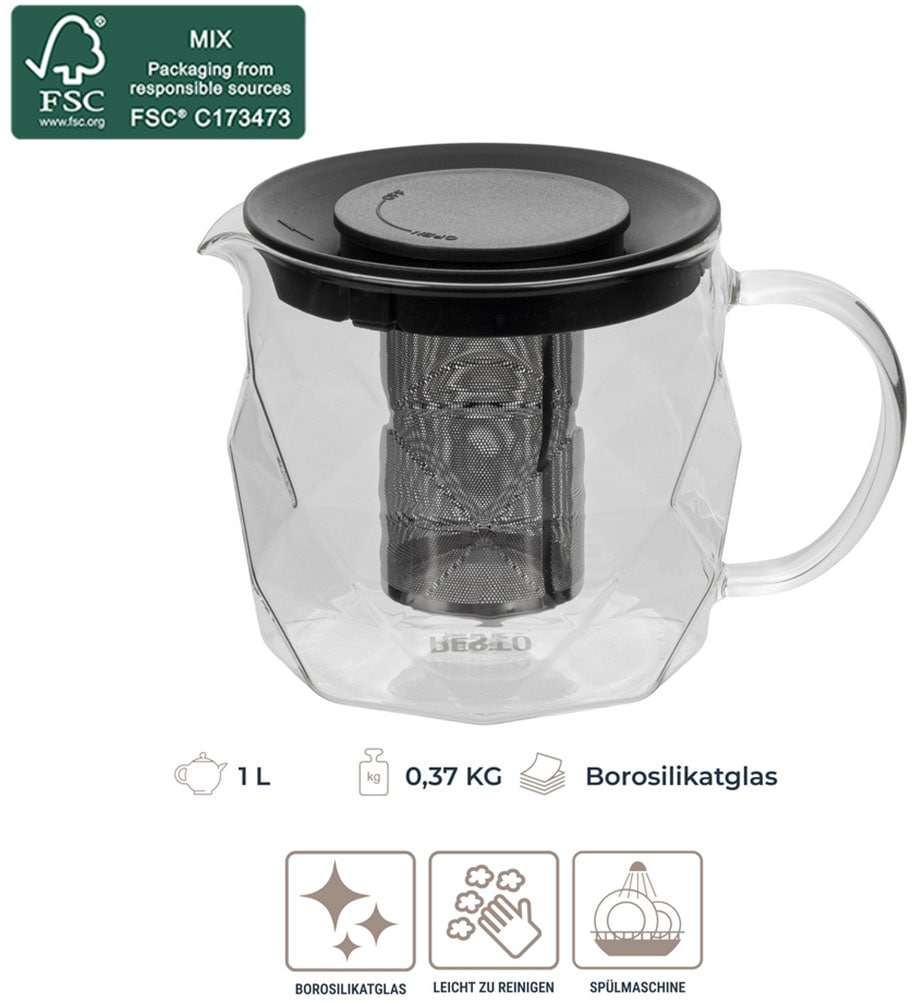 RESTO Kitchenware Teekanne »Ain, hitzebeständige Glaskanne im 3D Design, Höhe 12 cm« 1 l 4 Stk. tlg. mit herausnehmbarem Filtersieb aus Edelstahl, im Geschenkkarton