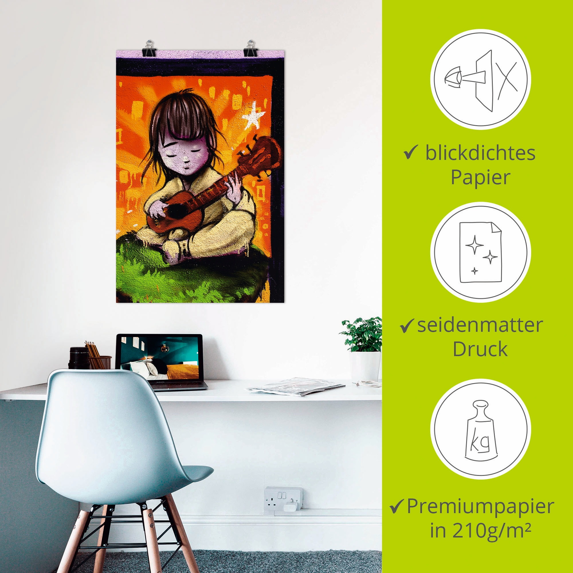 Artland Poster »Junge mit Gitarre - Graffiti«, Kind, (1 St.), als Alubild, Leinwandbild, Wandaufkleber oder Poster in versch. Größen