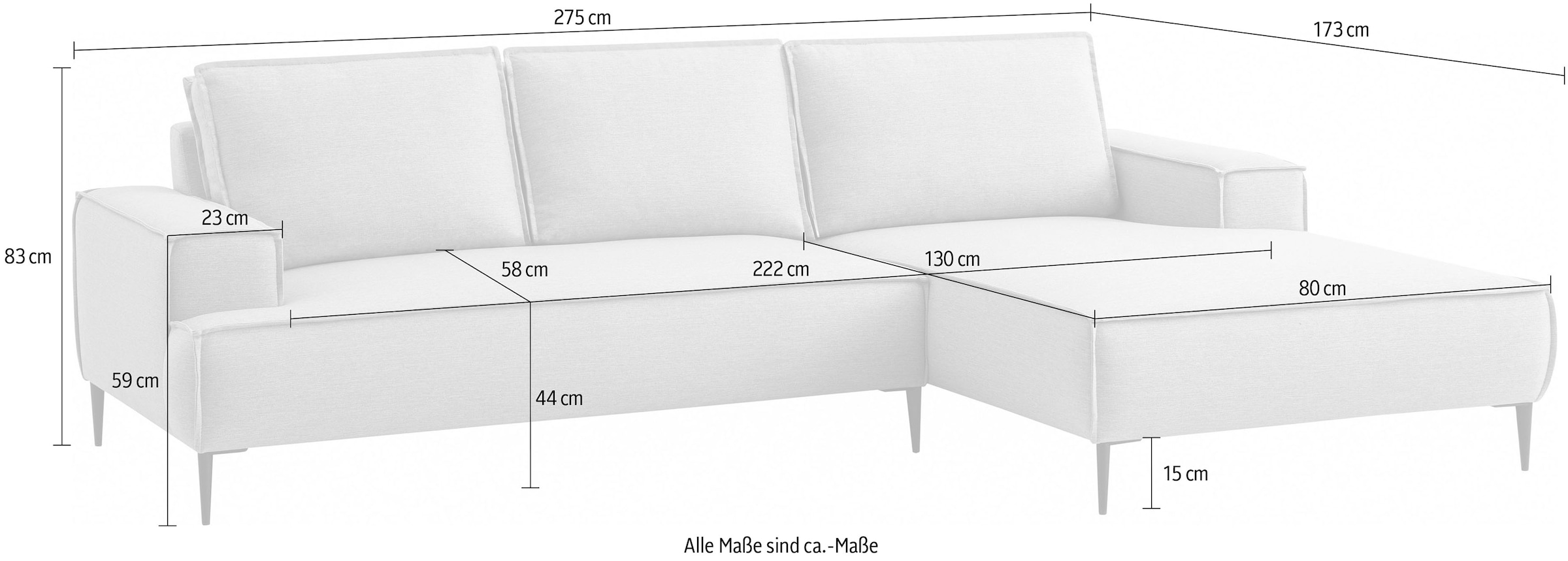 andas Ecksofa »TVINNU, L-Form, 275cm, in Cord und Flachgewebe«, wahlweise Recamiere rechts/links, schwarze Füße, bequemer Sitzkomfort