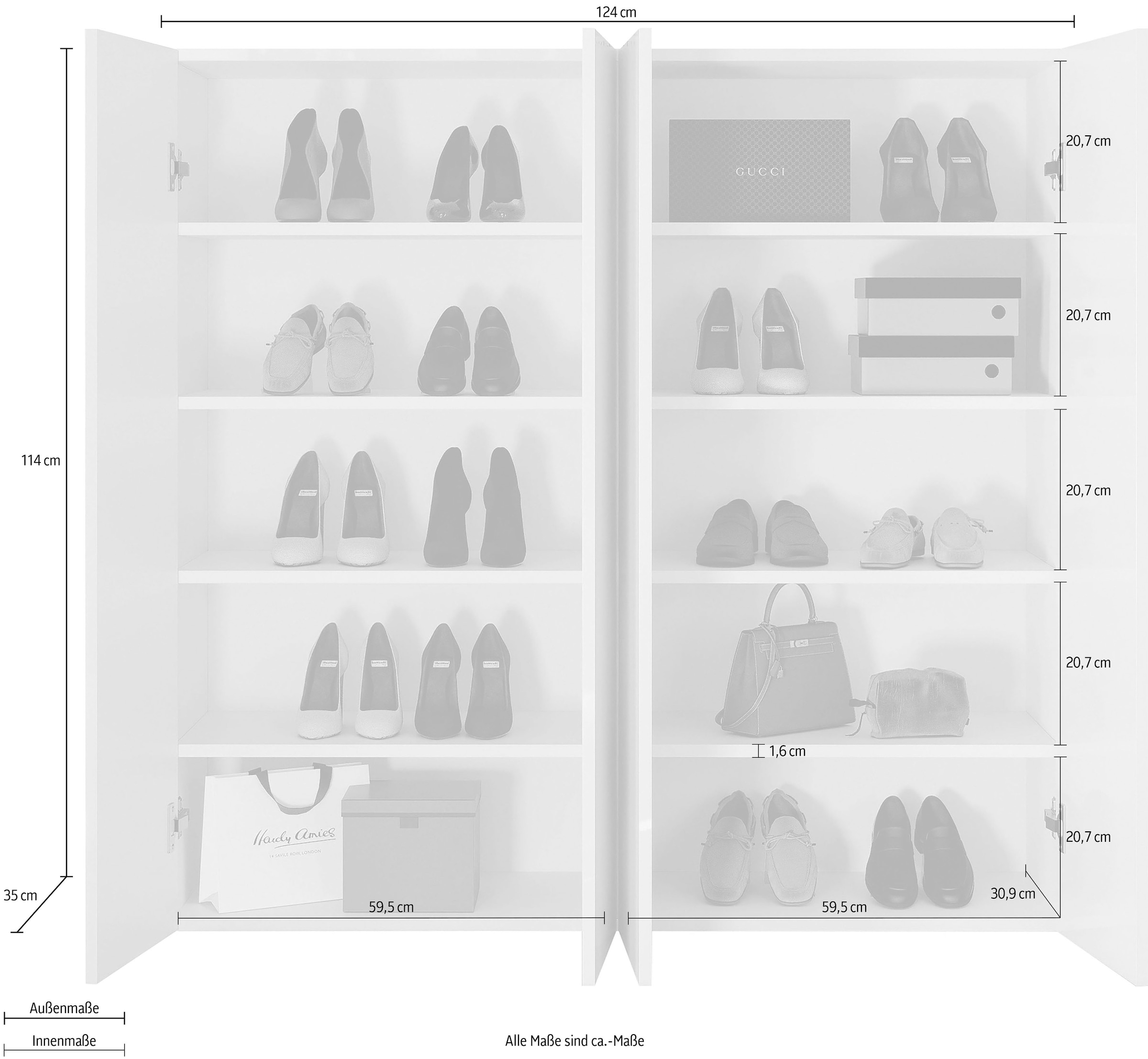 INOSIGN Schuhschrank »SMILE Breite 124 cm, Höhe 114 cm, Schuhregal mit 5 Ebenen, 10 Fächer,«, Schuhkommode in Weiss Hochglanz Lack